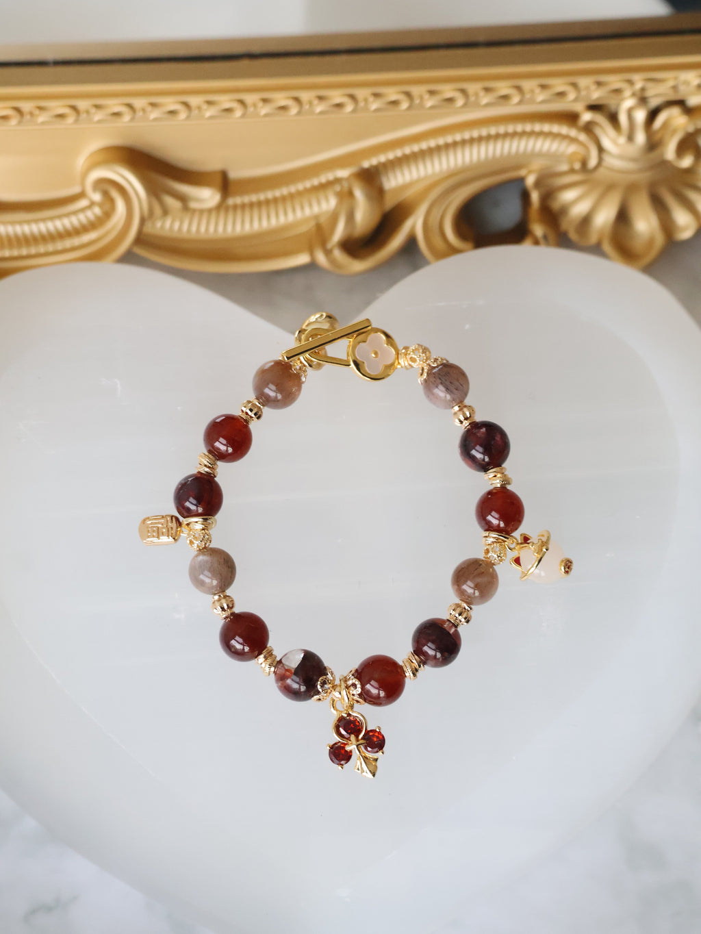 Fire Quartz, Garnet & Black Gold Skeletal Sunstone with Lucky Cat, Red Clover & Fu Charm ¡ª Crimson Blessing | 8mm (Elastic, OT Clasp)