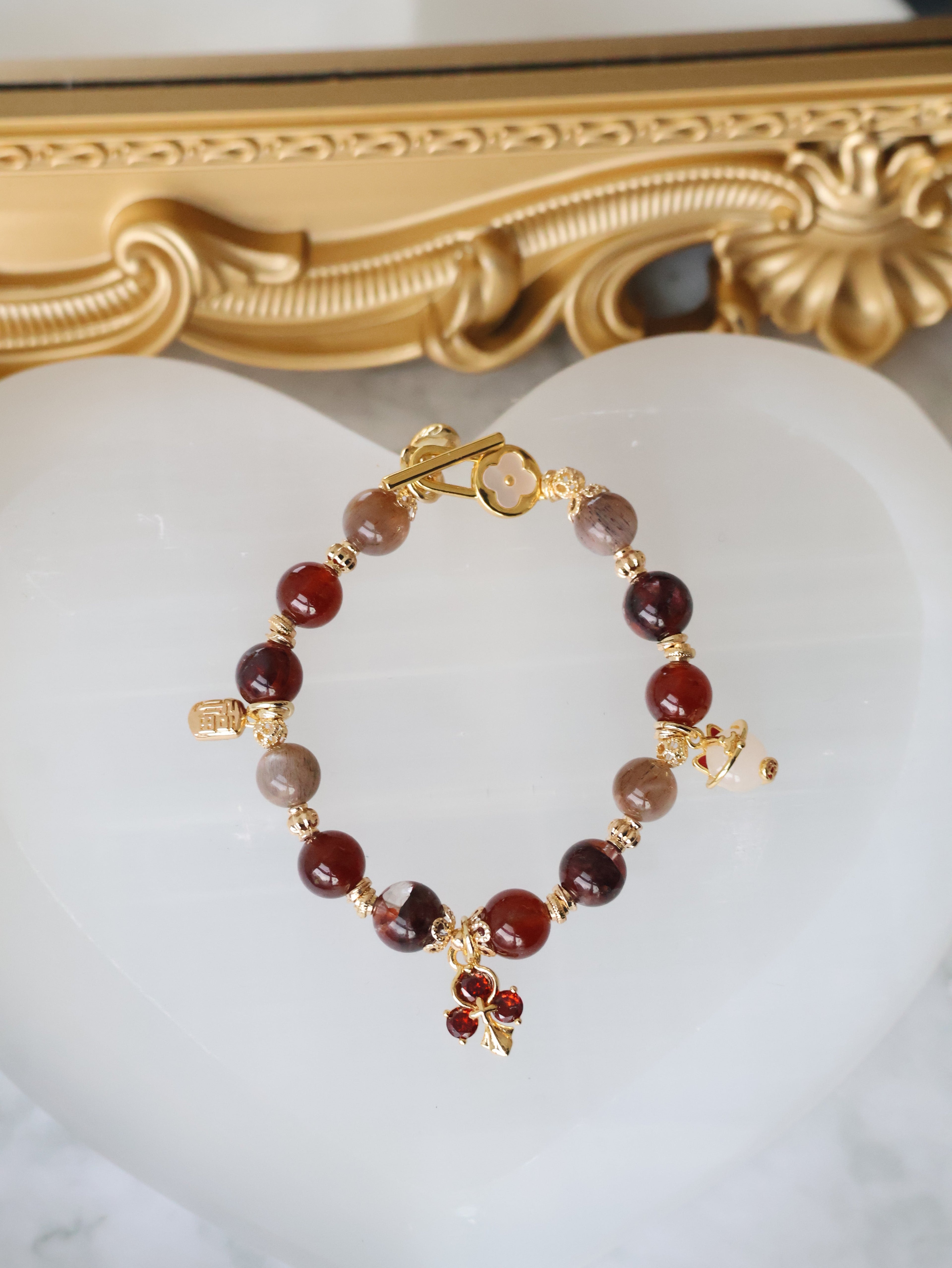 Fire Quartz, Garnet & Black Gold Skeletal Sunstone with Lucky Cat, Red Clover & Fu Charm ¡ª Crimson Blessing | 8mm (Elastic, OT Clasp)