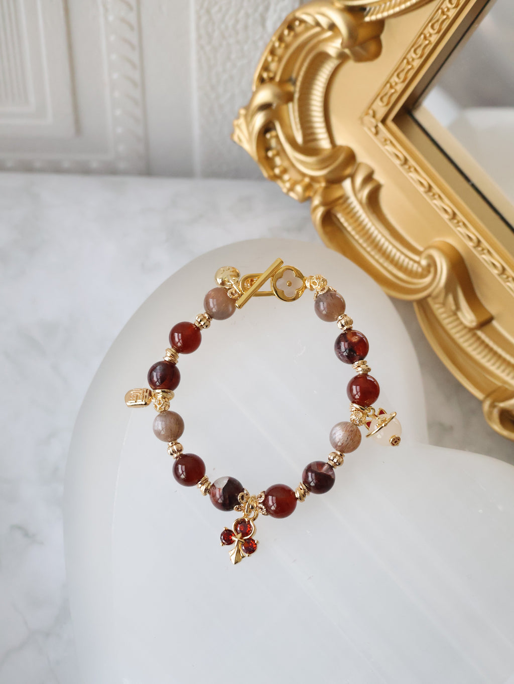 Fire Quartz, Garnet & Black Gold Skeletal Sunstone with Lucky Cat, Red Clover & Fu Charm ¡ª Crimson Blessing | 8mm (Elastic, OT Clasp)