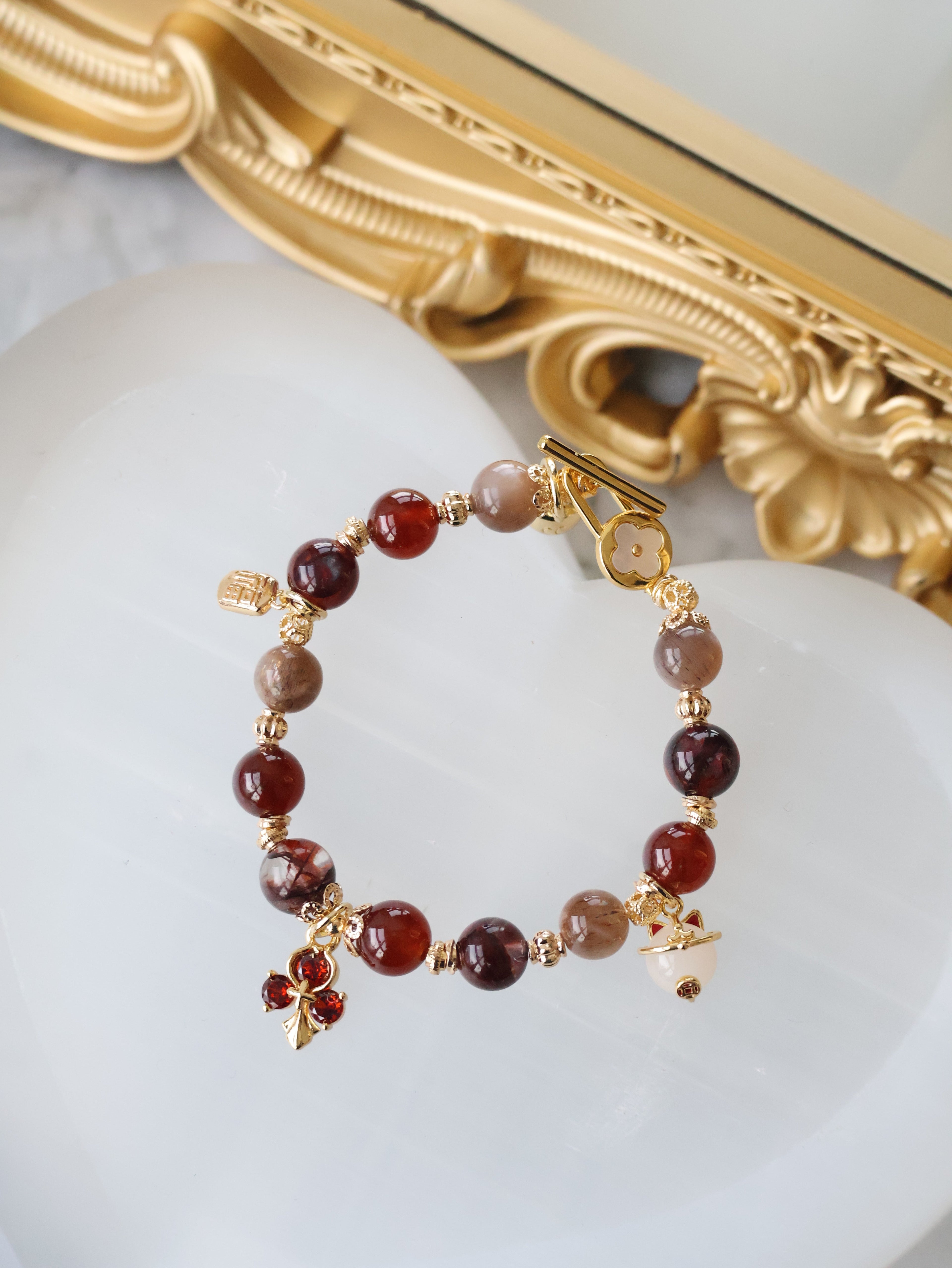 Fire Quartz, Garnet & Black Gold Skeletal Sunstone with Lucky Cat, Red Clover & Fu Charm ¡ª Crimson Blessing | 8mm (Elastic, OT Clasp)