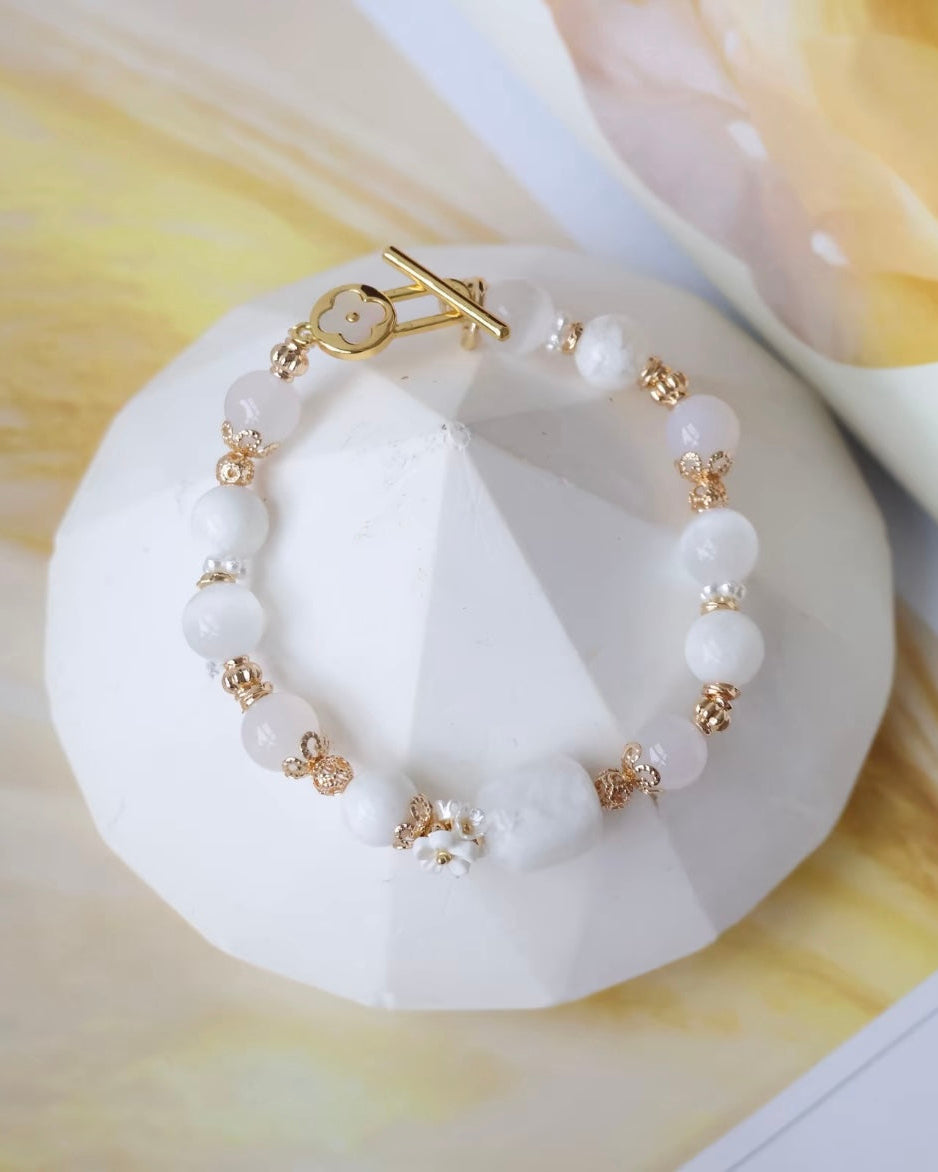 *Luna&Lithoss* 8mm Satin Spar, White Agate, White Phantom Quartz with OT Clasp