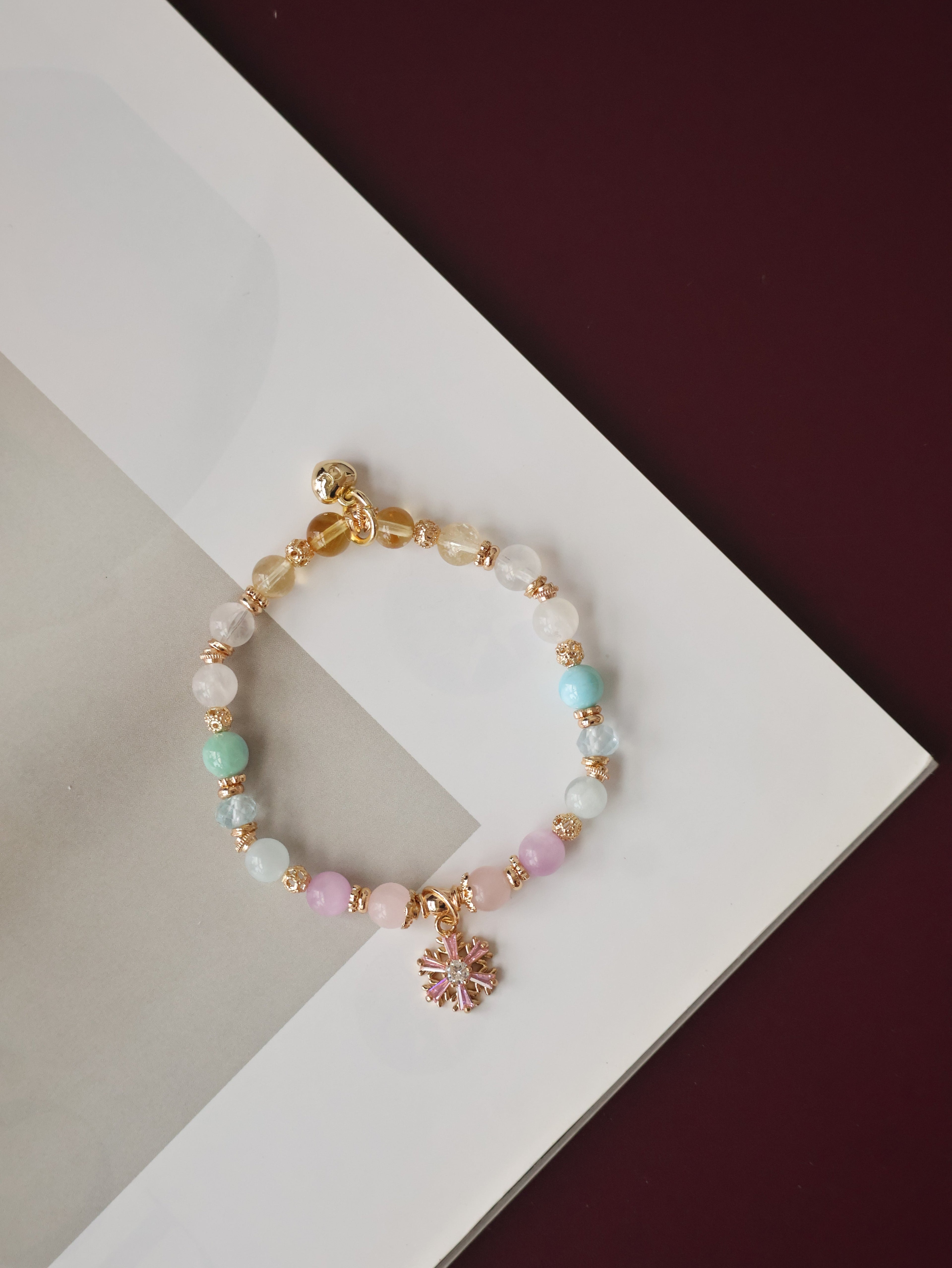 Aquamarine, Blue Topaz, Rose Quartz, Kunzite, White Phantom Quartz, Citrine & Moonstone ¡ª Eira Pastel Duobao Bracelet with Snowflake Charm | 6mm (Elastic)