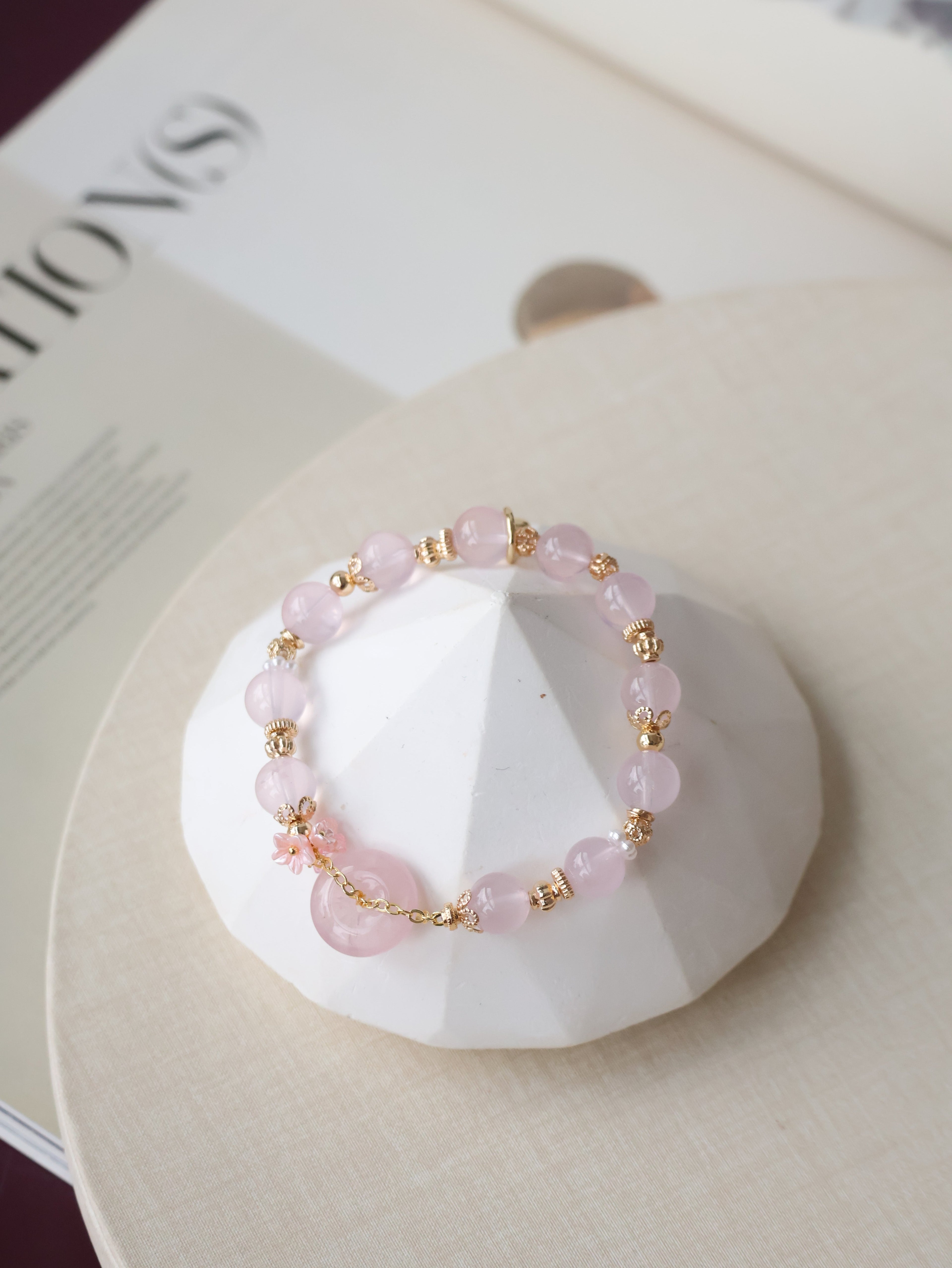 Aquamarine & Rose Quartz Ping An Kou with Bouquet ¡ª Erilyn & Annelina | 8mm (Elastic)