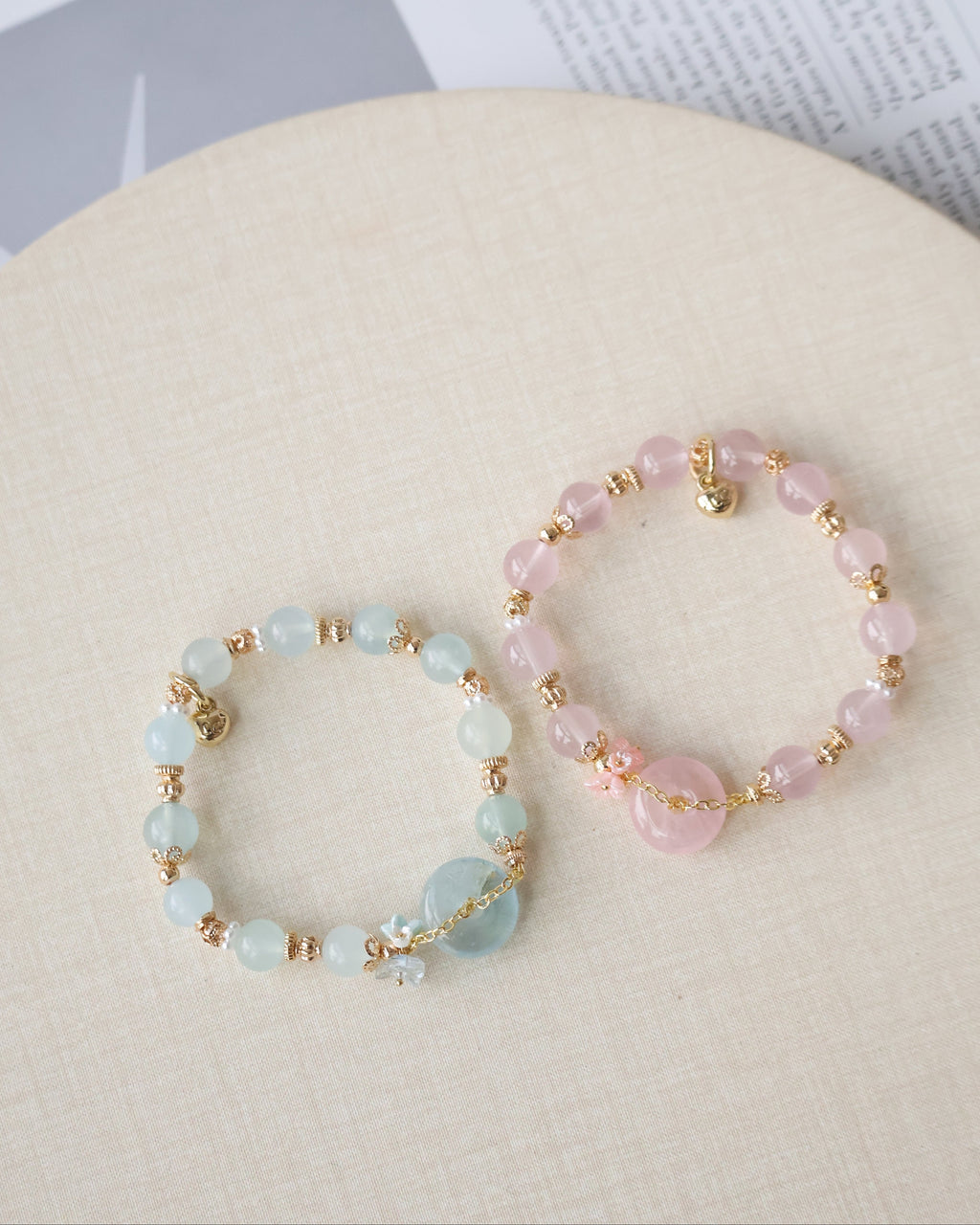 Aquamarine & Rose Quartz Ping An Kou with Bouquet ¡ª Erilyn & Annelina | 8mm (Elastic)