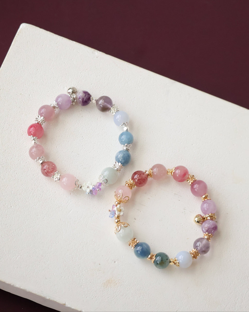 Rose Quartz, Strawberry Quartz, Pink Purple Emerald Mica, Lavender Rose Quartz, Amethyst, Purple Emerald Mica, Kunzite, Blue Chalcedony, Devil Blue Aquamarine, Blue Kyanite & Milky Aquamarine ¡ª Duobao (Multi Gems) with Bouquet | 10mm (Elastic)