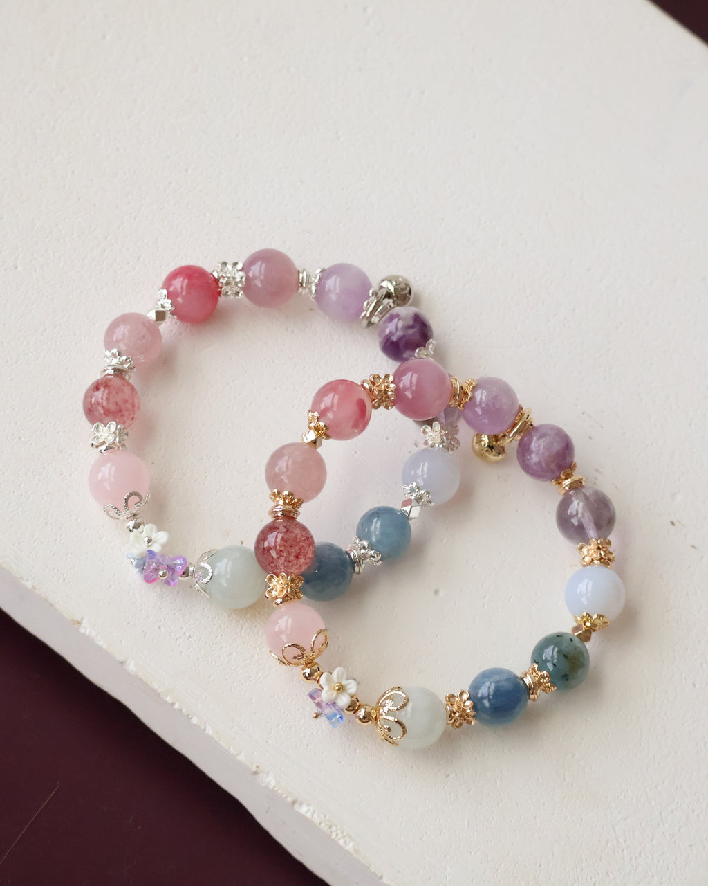 Rose Quartz, Strawberry Quartz, Pink Purple Emerald Mica, Lavender Rose Quartz, Amethyst, Purple Emerald Mica, Kunzite, Blue Chalcedony, Devil Blue Aquamarine, Blue Kyanite & Milky Aquamarine ¡ª Duobao (Multi Gems) with Bouquet | 10mm (Elastic)