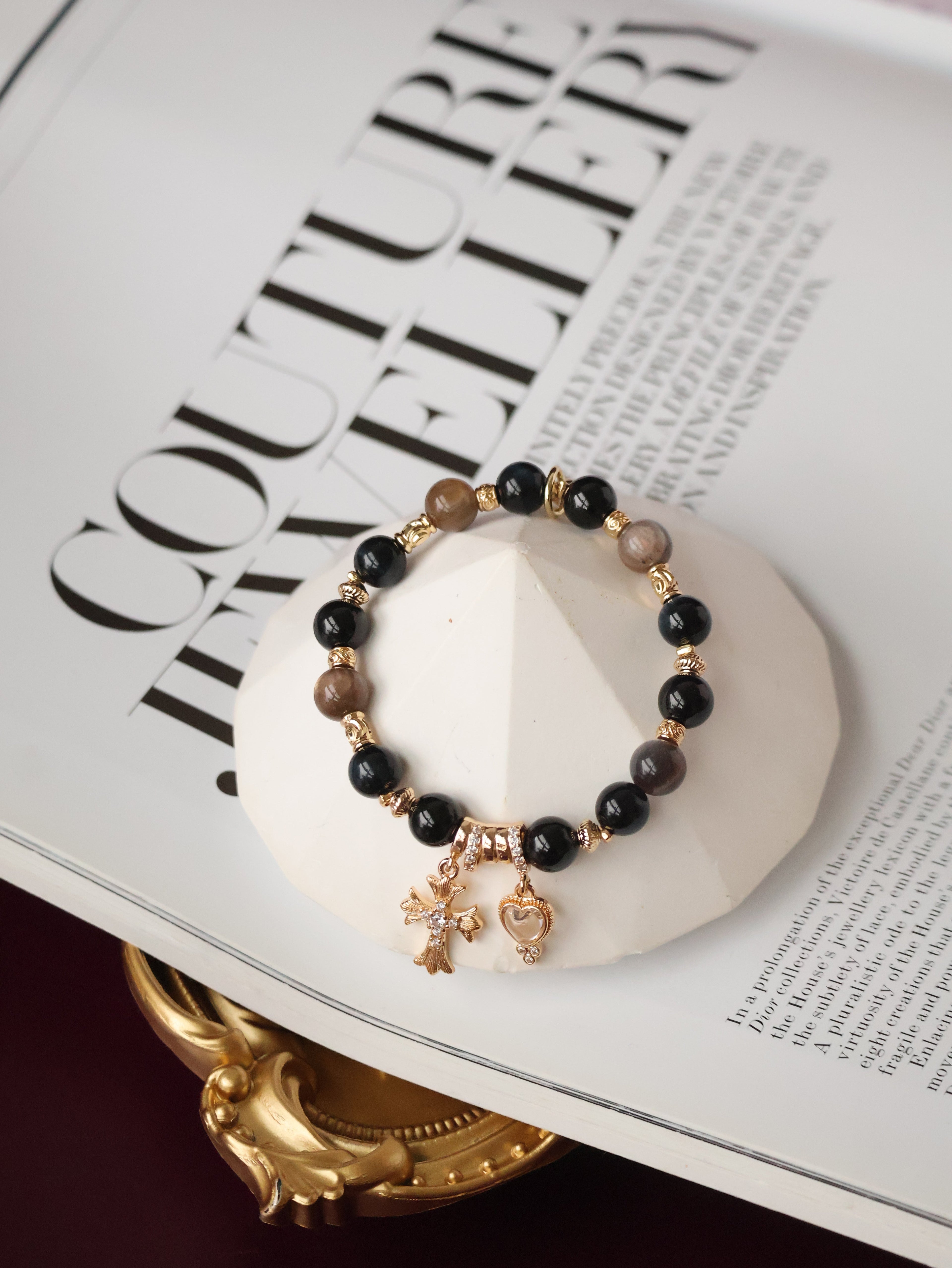 Black Tourmaline, Blue Tiger¡¯s Eye & Black Gold Skeletal Sunstone Crystal Bracelet ¡ª Cross x Heart | 8mm (Elastic)