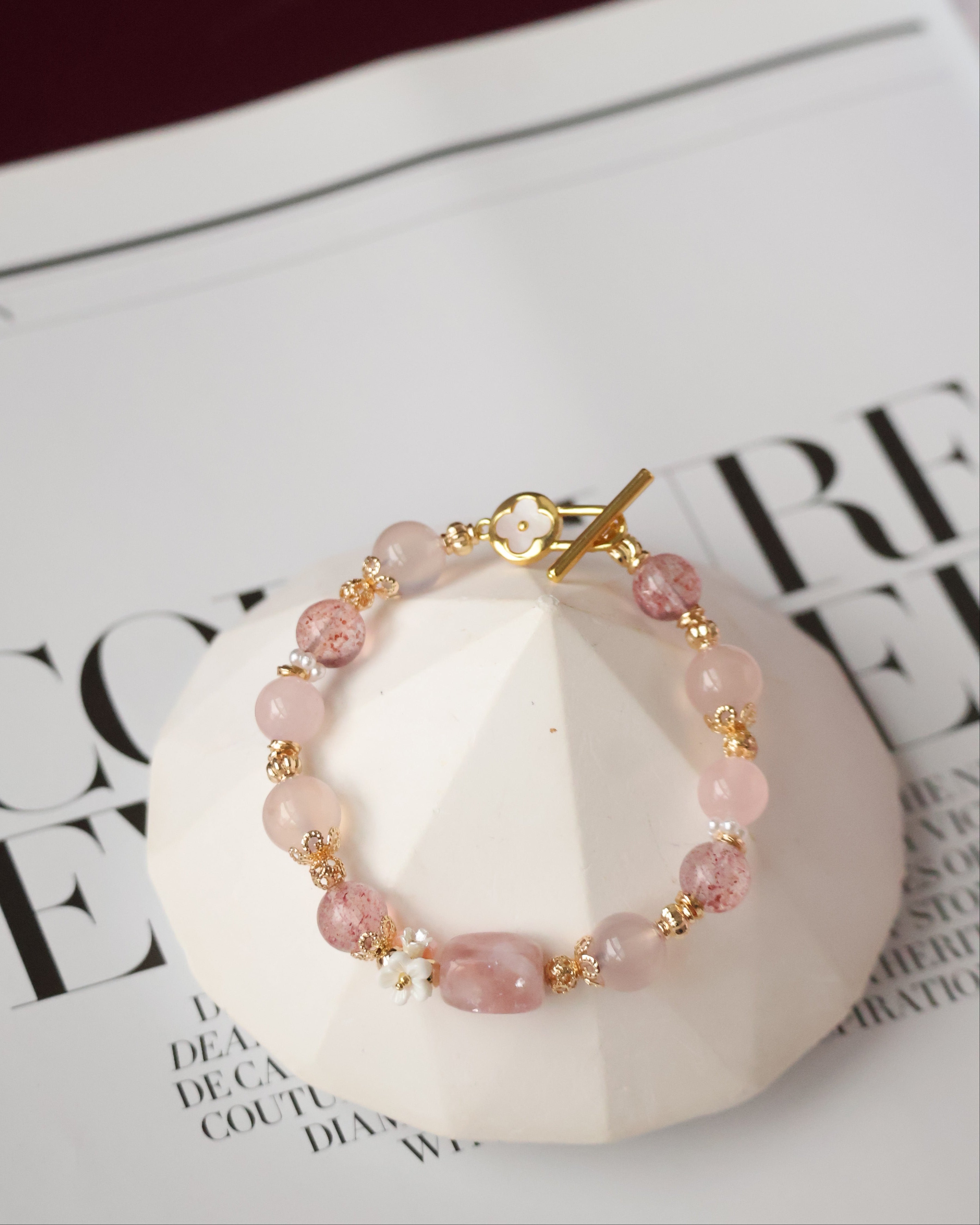 Pink Chalcedony, Pink Purple Emerald Mica, Rose Quartz & Strawberry Quartz Crystal Bracelet ¡ª Flutter Shy | 8mm (OT Clasp, Elastic)