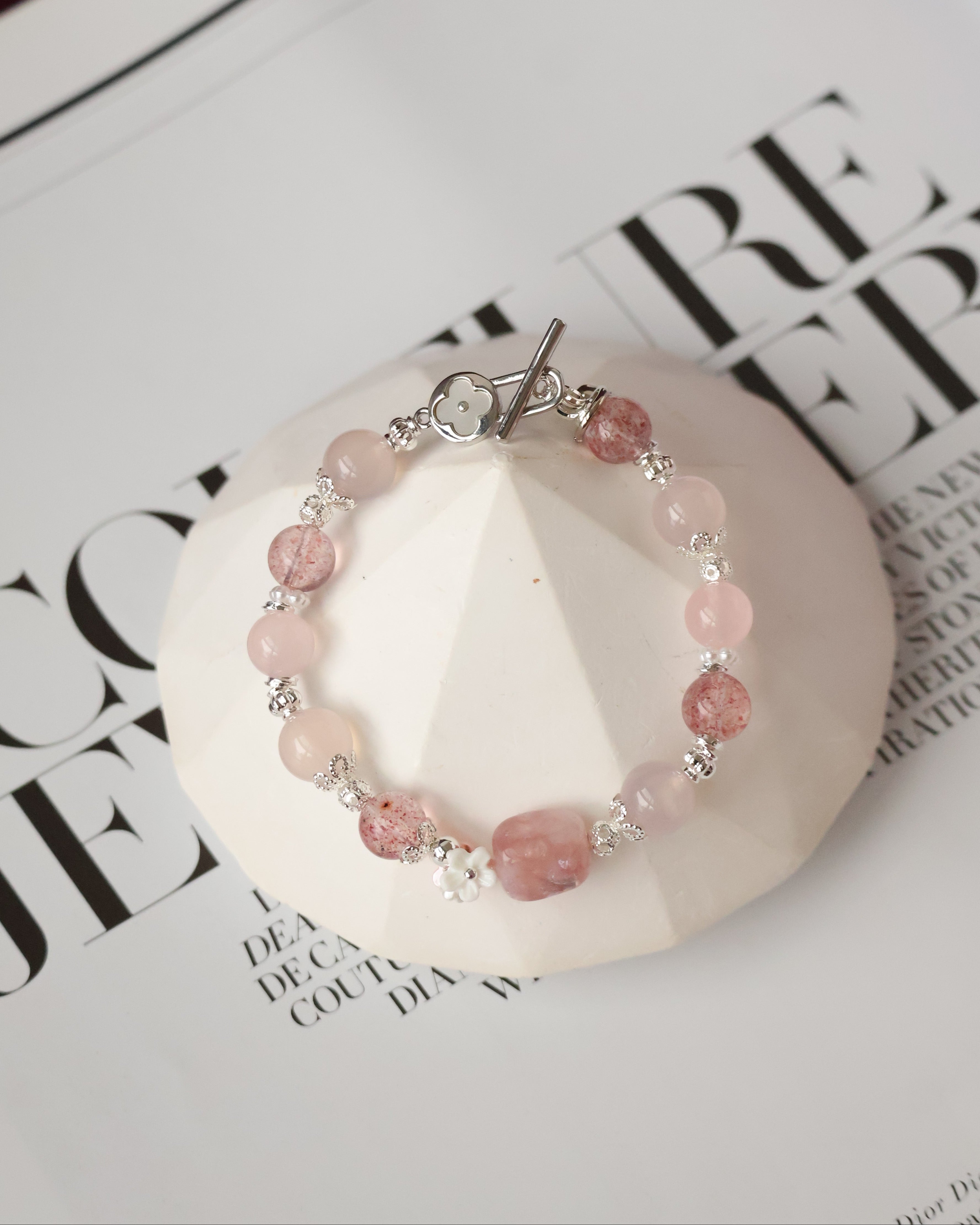 Pink Chalcedony, Pink Purple Emerald Mica, Rose Quartz & Strawberry Quartz Crystal Bracelet ¡ª Flutter Shy | 8mm (OT Clasp, Elastic)