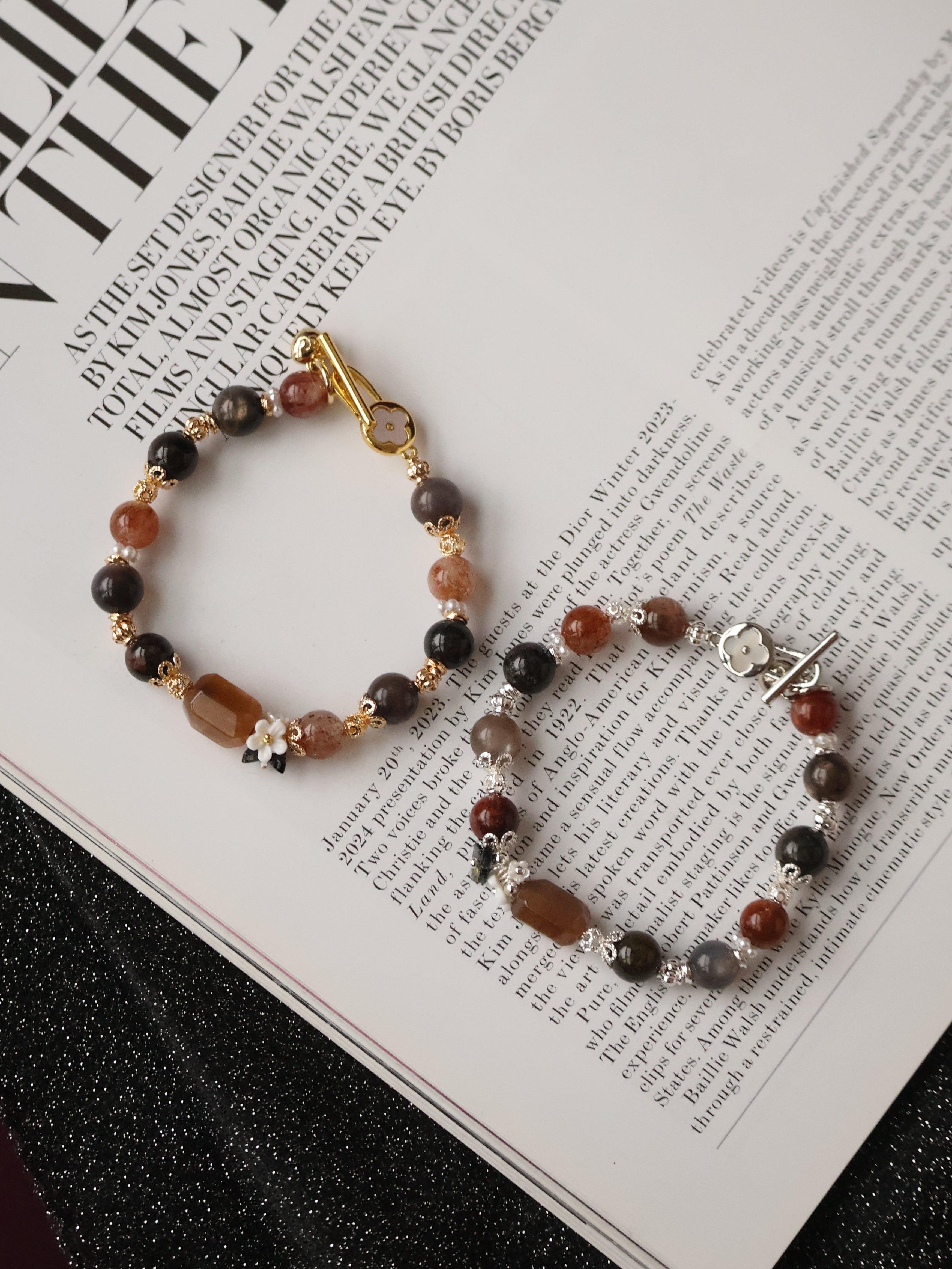 *Luna&Lithoss* Cocoa - 8mm Garden Quartz, Black Gold Skeletal Sunstone and Black Gold Super 7 w Bouquet & OT Clasp