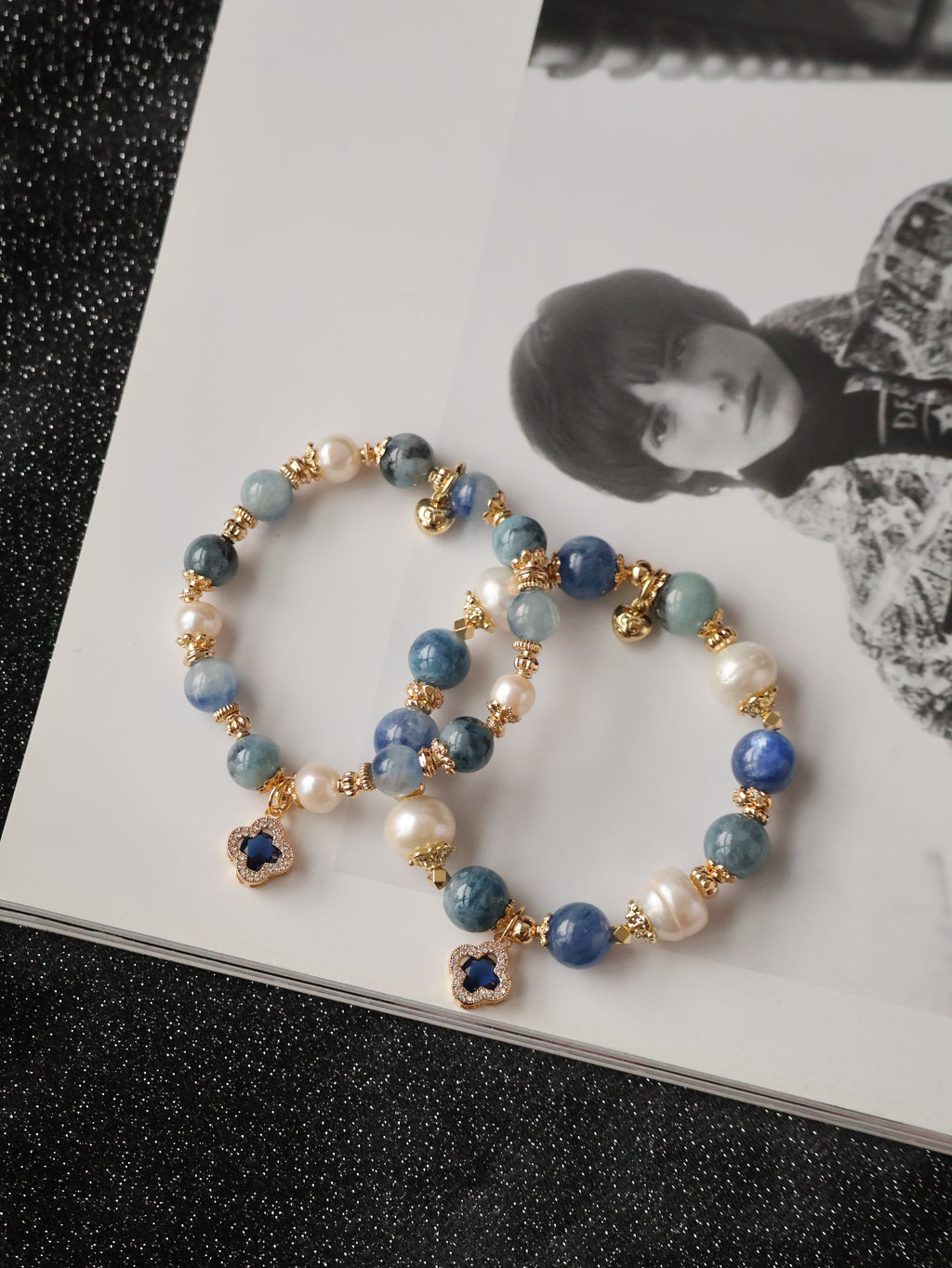 *Luna&Lithoss* 8+10mm Cordelia Twin with Sparkly Clover: Blue Kyanite, Fresh Water Pearls & Devil Eye Aquamarine