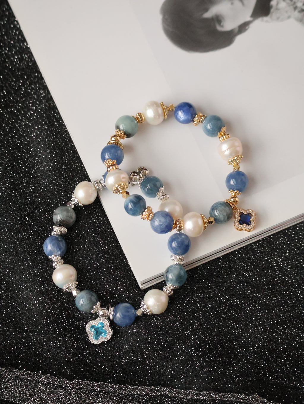 *Luna&Lithoss* 8+10mm Cordelia Twin with Sparkly Clover: Blue Kyanite, Fresh Water Pearls & Devil Eye Aquamarine