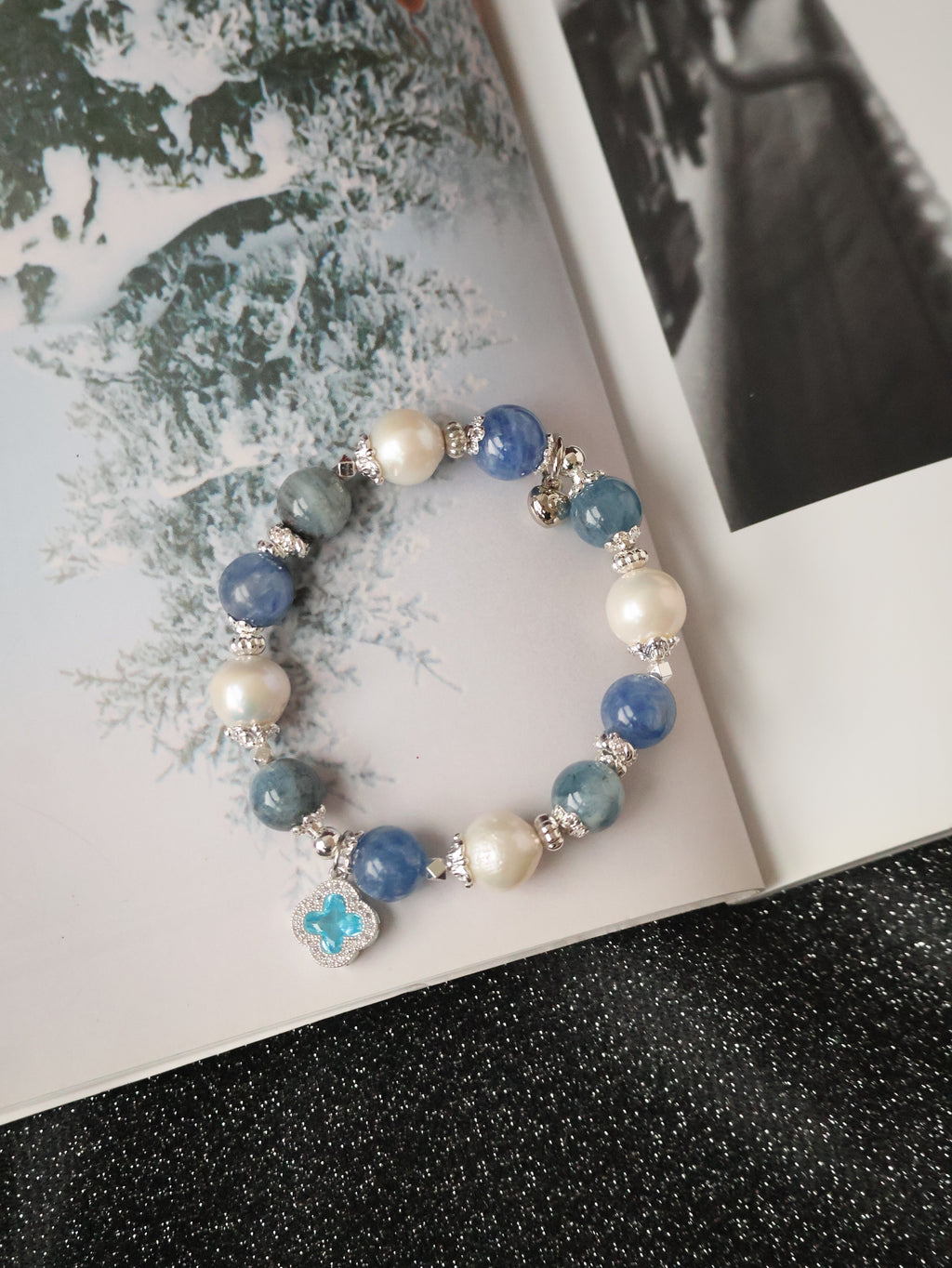 *Luna&Lithoss* 8+10mm Cordelia Twin with Sparkly Clover: Blue Kyanite, Fresh Water Pearls & Devil Eye Aquamarine