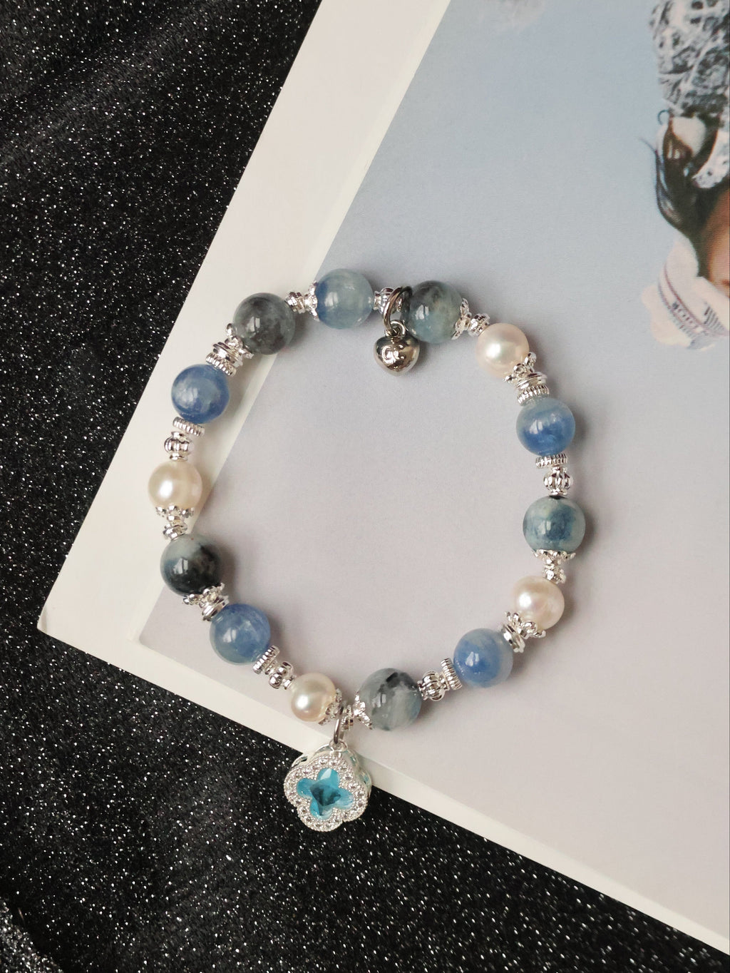 *Luna&Lithoss* 8+10mm Cordelia Twin with Sparkly Clover: Blue Kyanite, Fresh Water Pearls & Devil Eye Aquamarine
