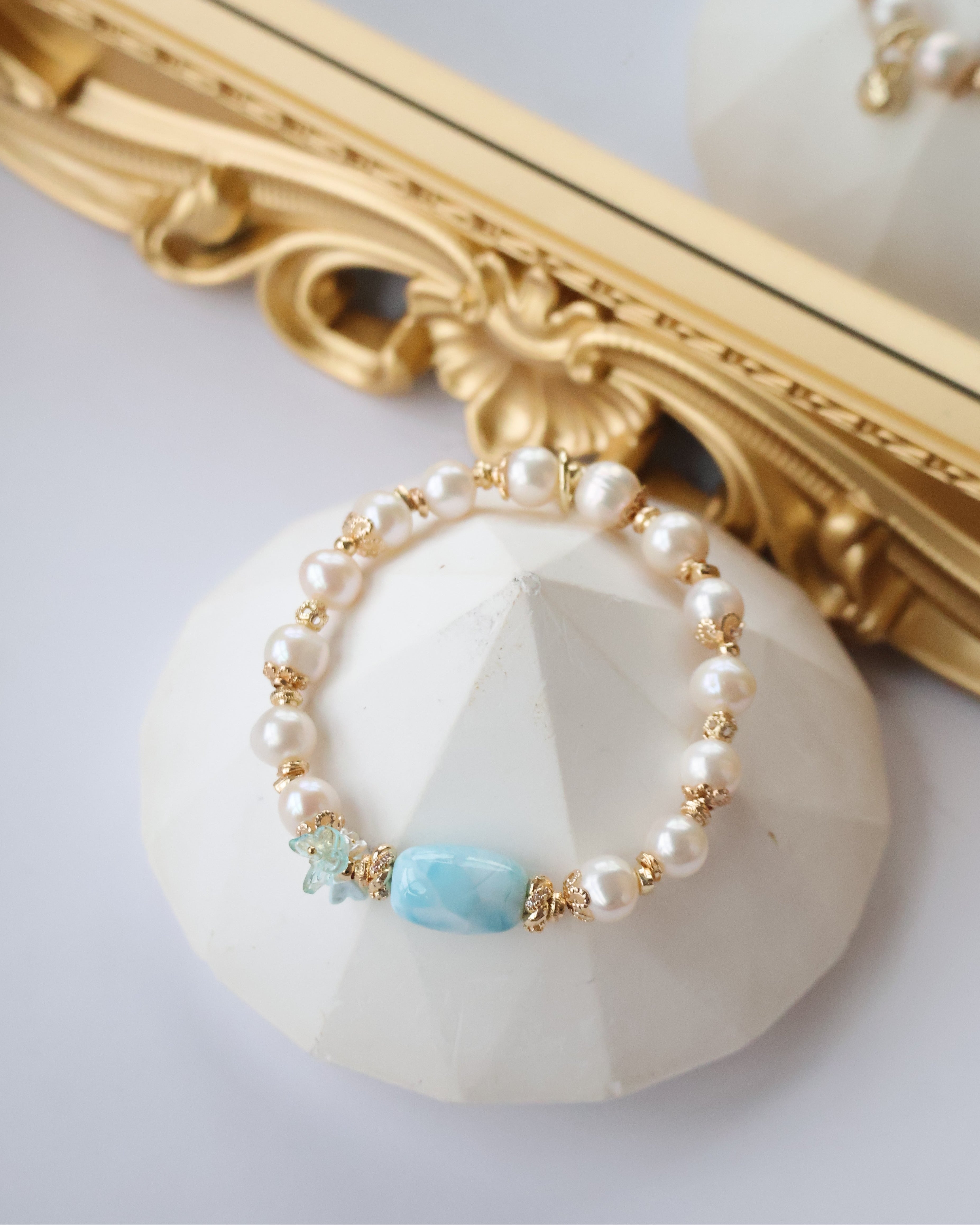 *Luna&Lithoss* 8-9mm Fresh Water Pearl & Larimar Barrel with Bouquet