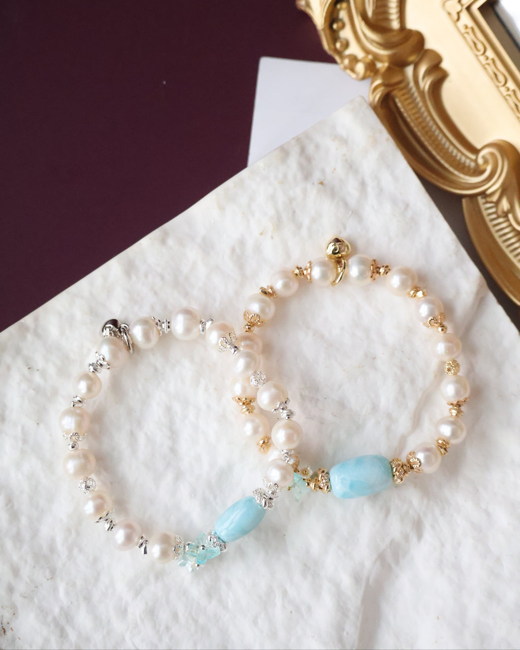 *Luna&Lithoss* 8-9mm Fresh Water Pearl & Larimar Barrel with Bouquet