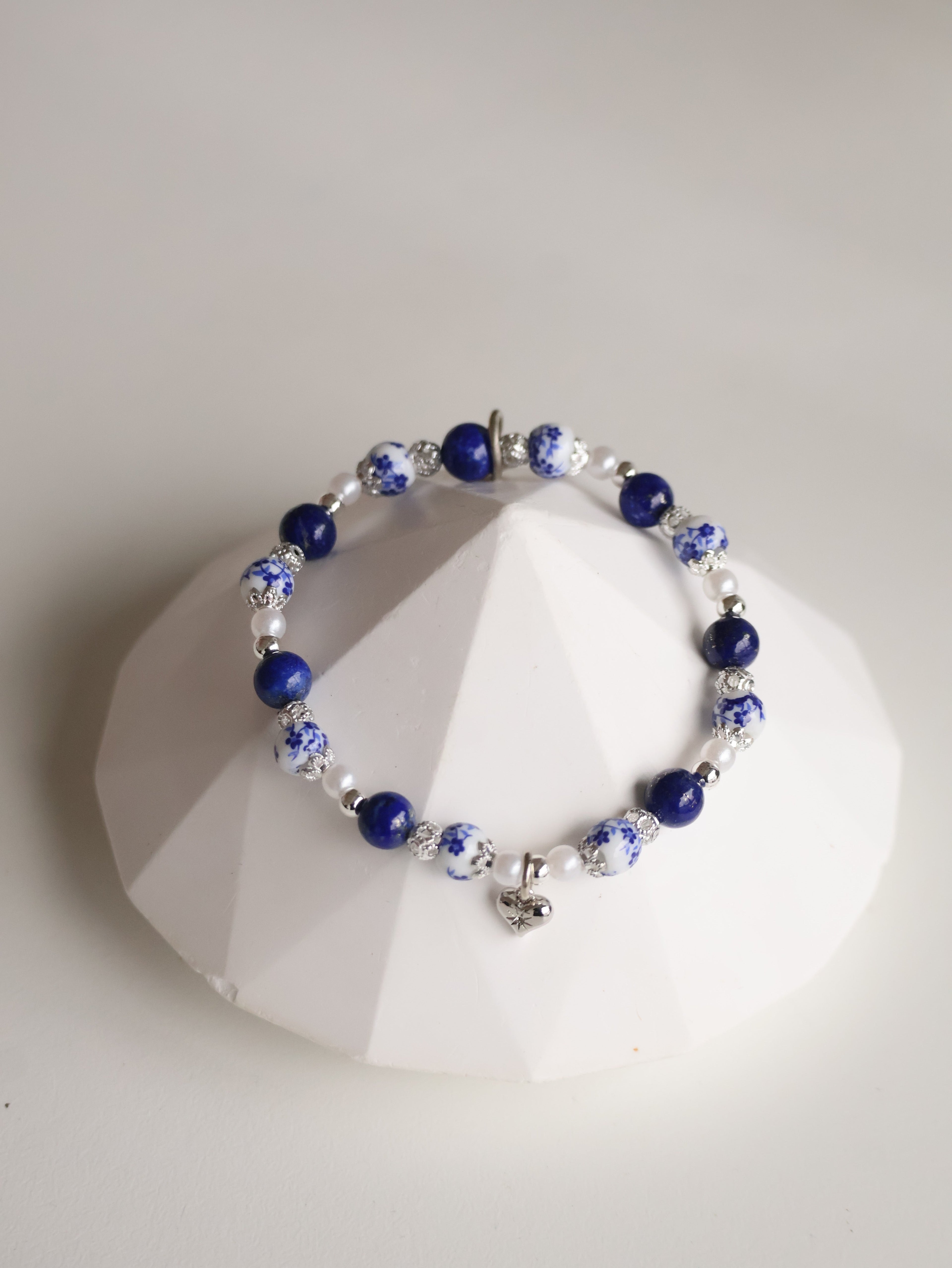 *Luna&Lithoss* Chinese Porcelain Inspired - 6mm Lapis Lazuli with Heart Dangly