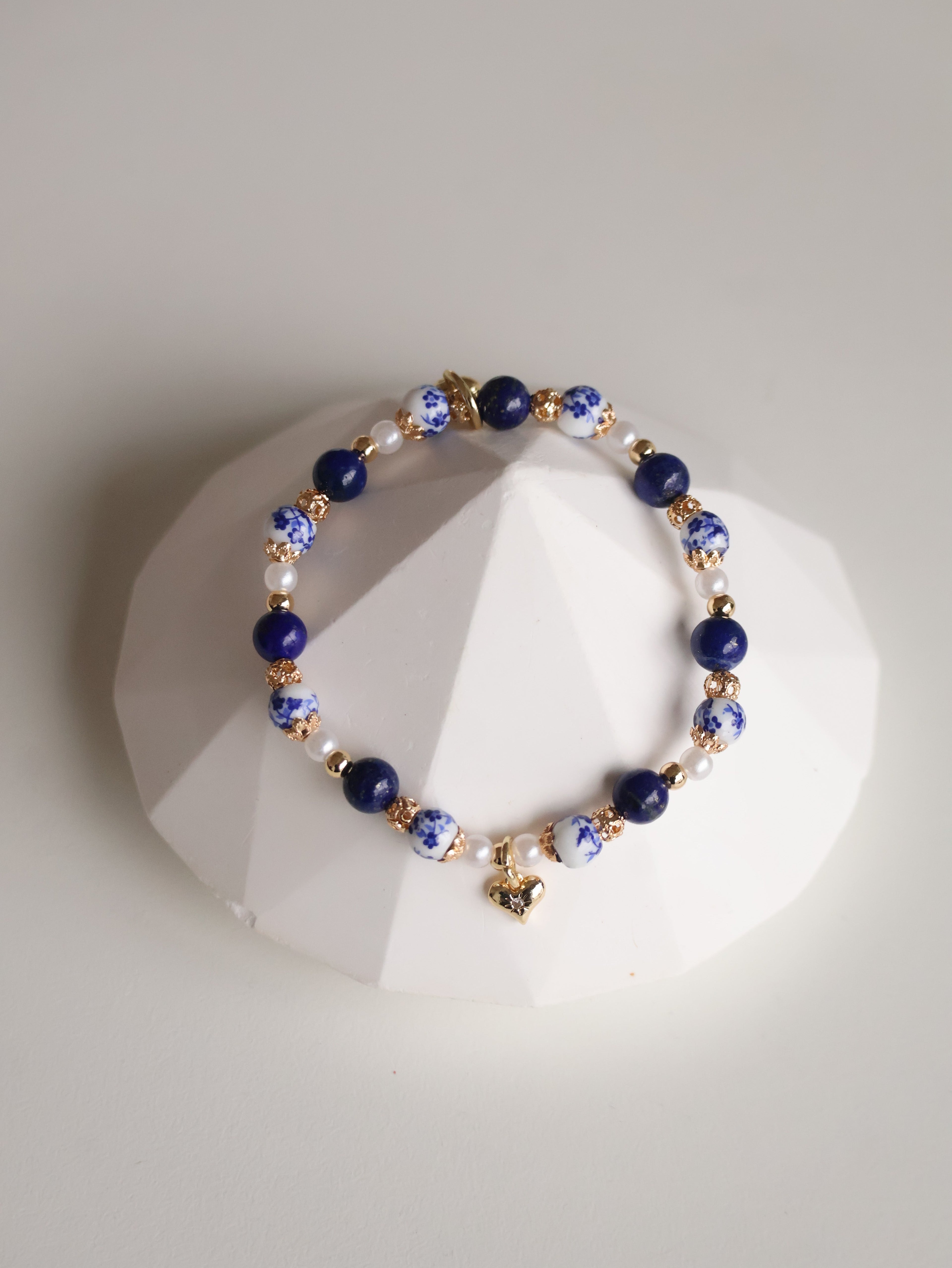 *Luna&Lithoss* Chinese Porcelain Inspired - 6mm Lapis Lazuli with Heart Dangly