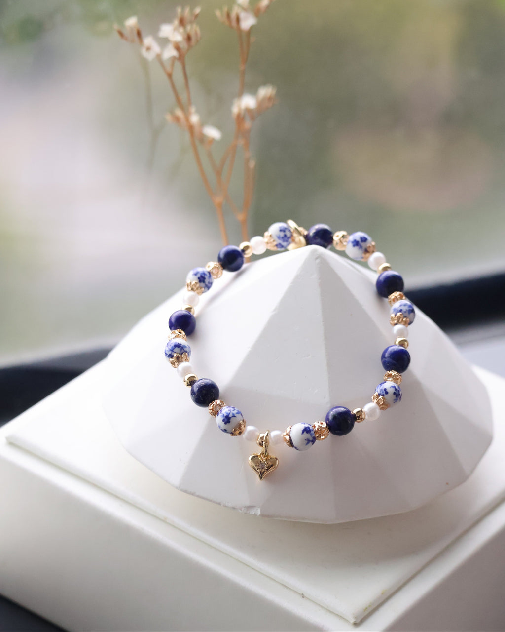 *Luna&Lithoss* Chinese Porcelain Inspired - 6mm Lapis Lazuli with Heart Dangly
