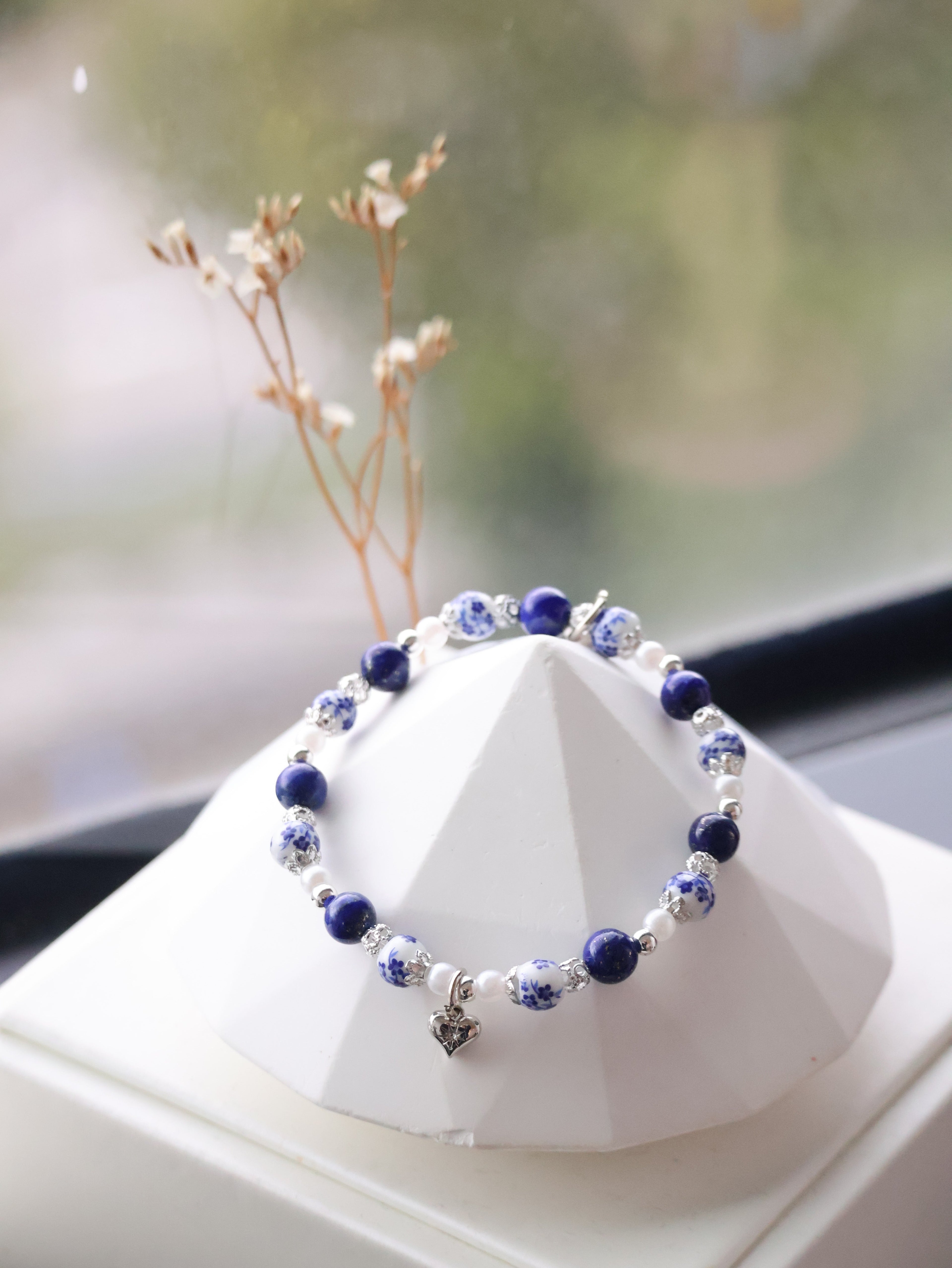 *Luna&Lithoss* Chinese Porcelain Inspired - 6mm Lapis Lazuli with Heart Dangly