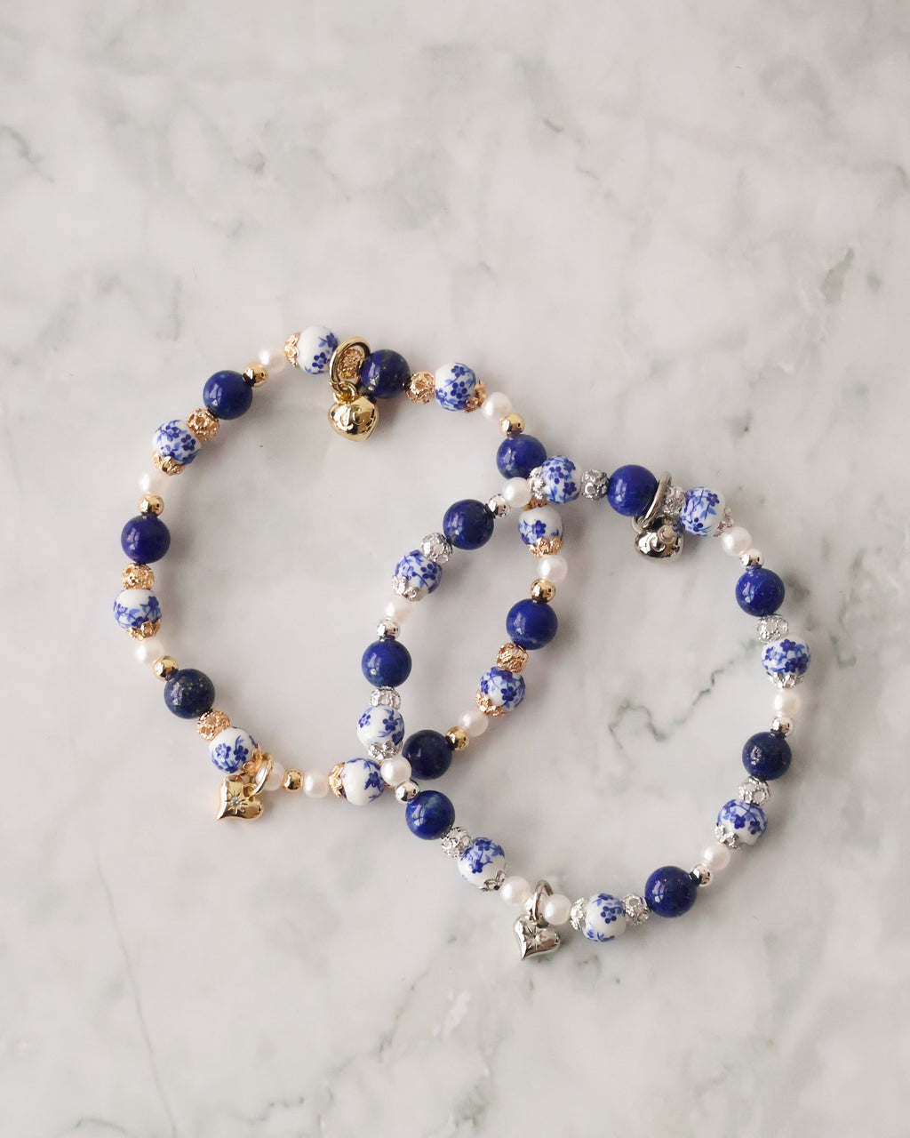 *Luna&Lithoss* Chinese Porcelain Inspired - 6mm Lapis Lazuli with Heart Dangly