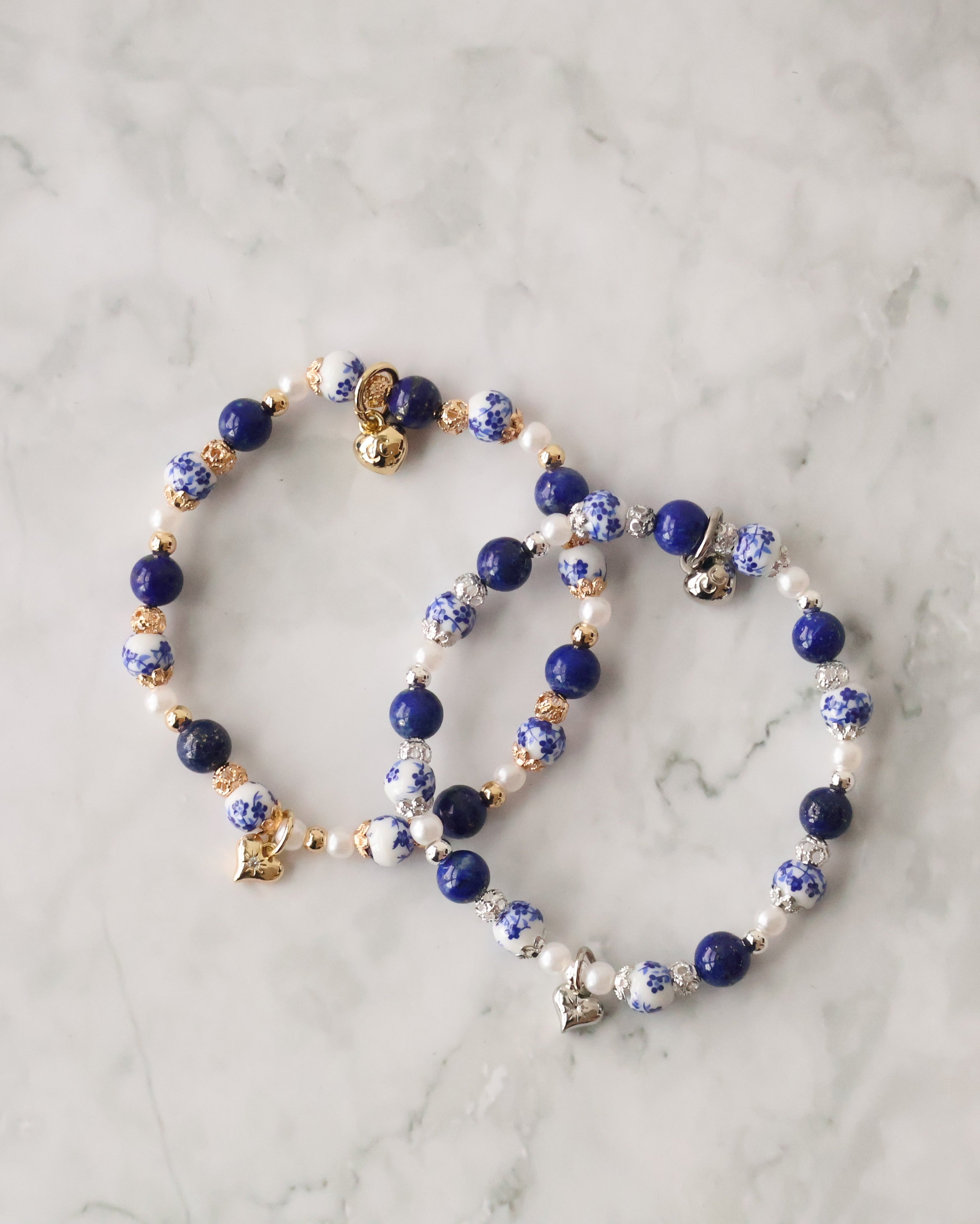 *Luna&Lithoss* Chinese Porcelain Inspired - 6mm Lapis Lazuli with Heart Dangly