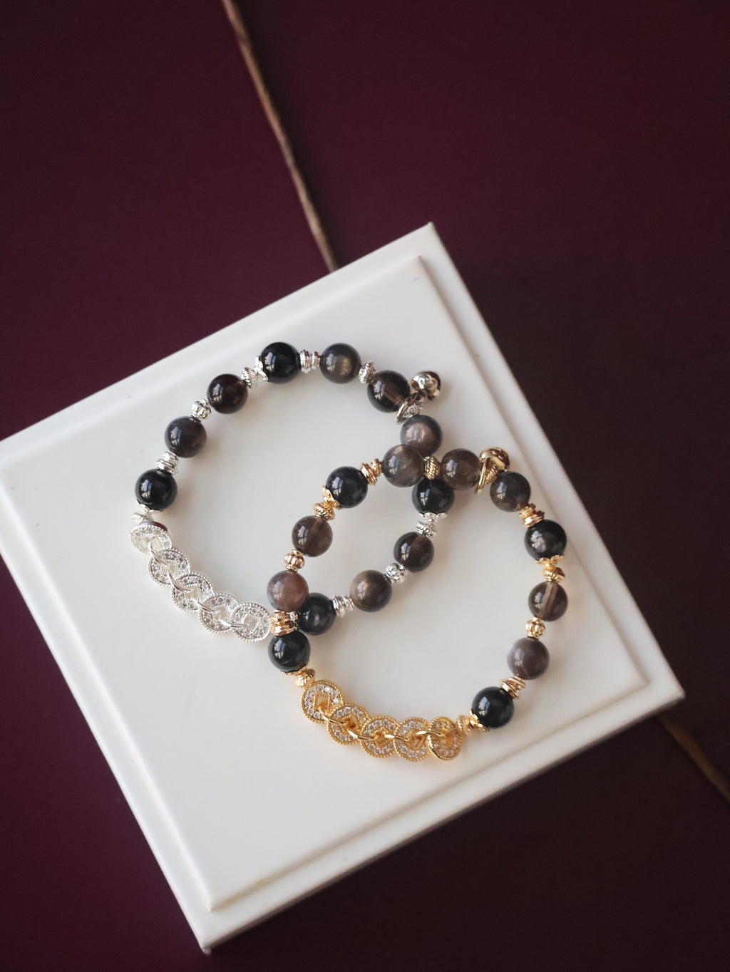 Hypersthene, Smoky Quartz & Black Skeletal Sunstone Crystal Bracelet ¡ª Fengshui Coins Vincere | 8mm (Elastic)