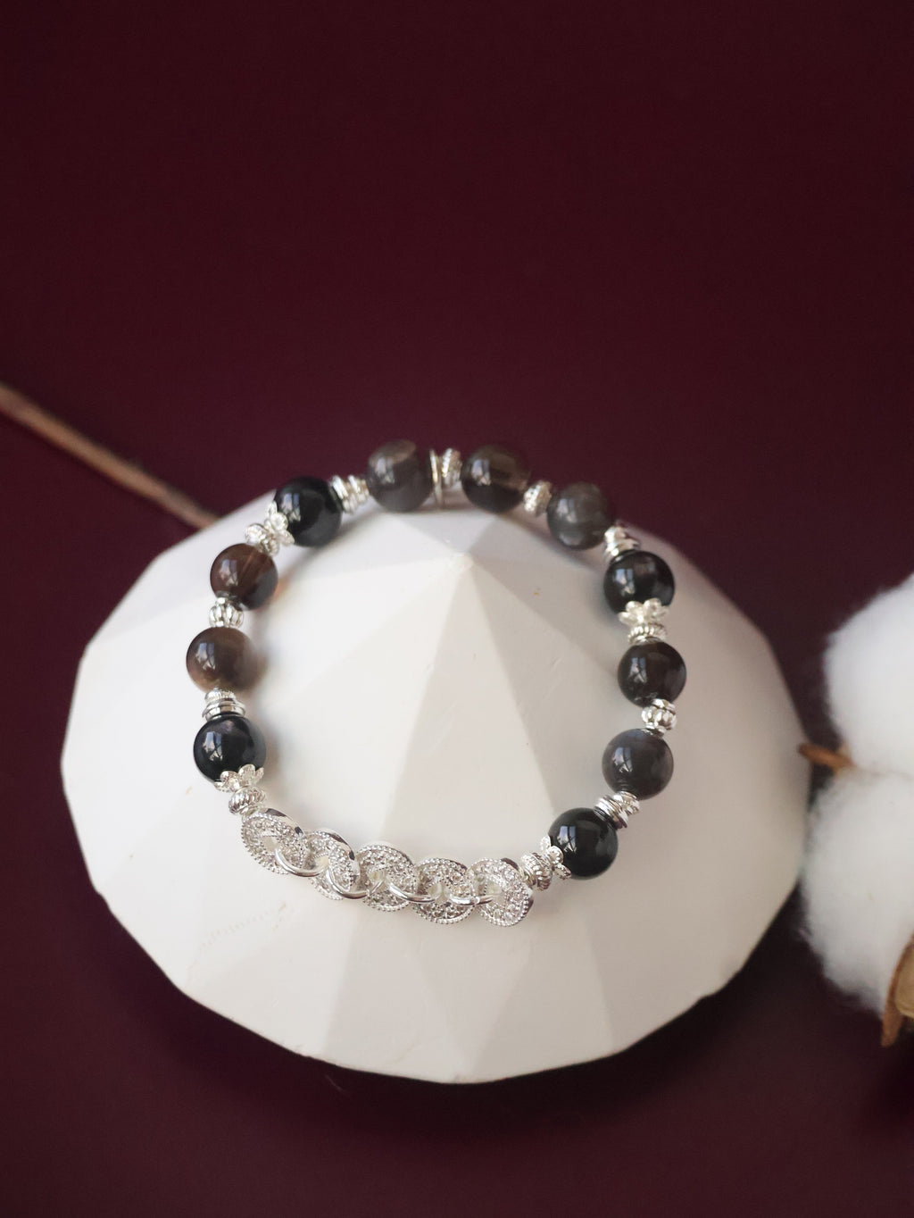 Hypersthene, Smoky Quartz & Black Skeletal Sunstone Crystal Bracelet ¡ª Fengshui Coins Vincere | 8mm (Elastic)