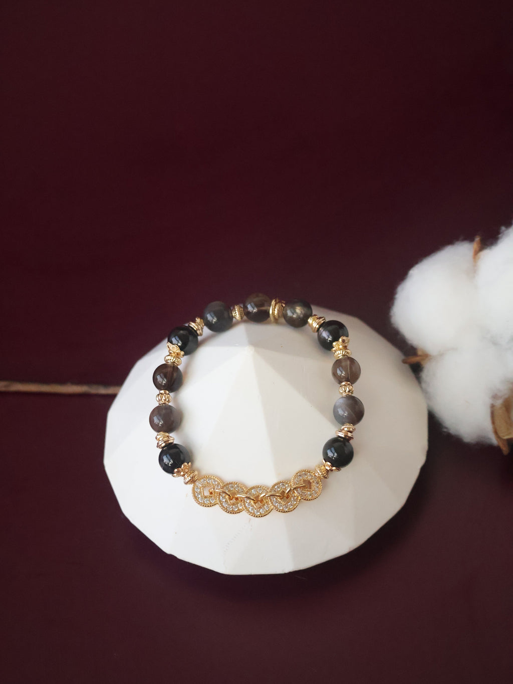 Hypersthene, Smoky Quartz & Black Skeletal Sunstone Crystal Bracelet ¡ª Fengshui Coins Vincere | 8mm (Elastic)
