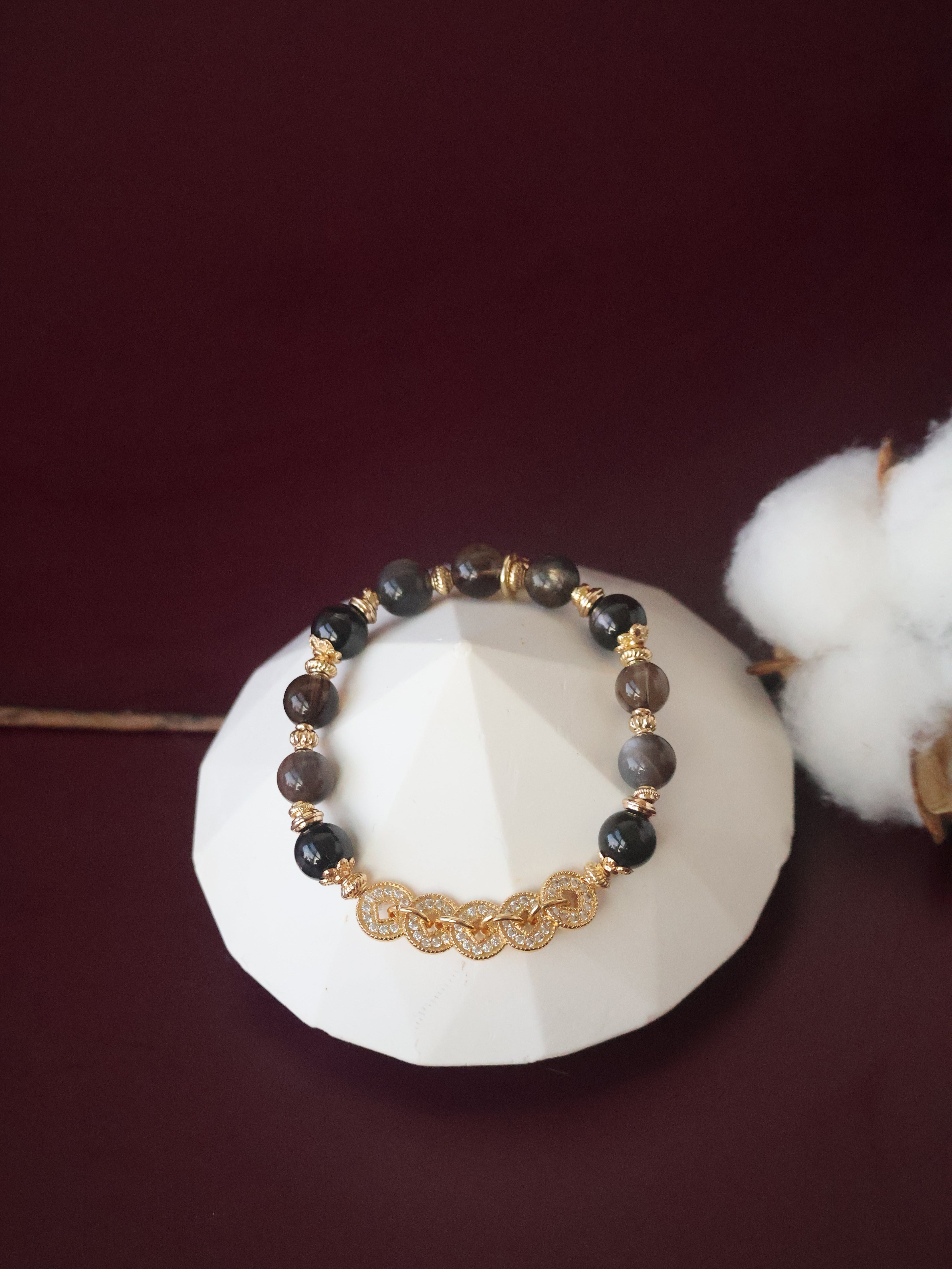 Hypersthene, Smoky Quartz & Black Skeletal Sunstone Crystal Bracelet ¡ª Fengshui Coins Vincere | 8mm (Elastic)
