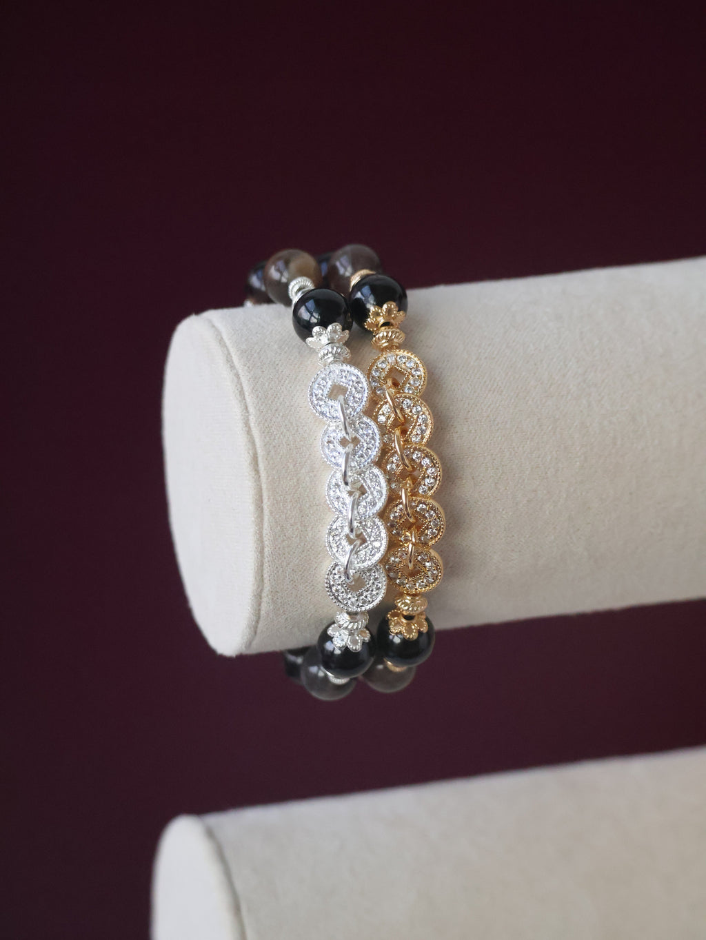 Hypersthene, Smoky Quartz & Black Skeletal Sunstone Crystal Bracelet ¡ª Fengshui Coins Vincere | 8mm (Elastic)