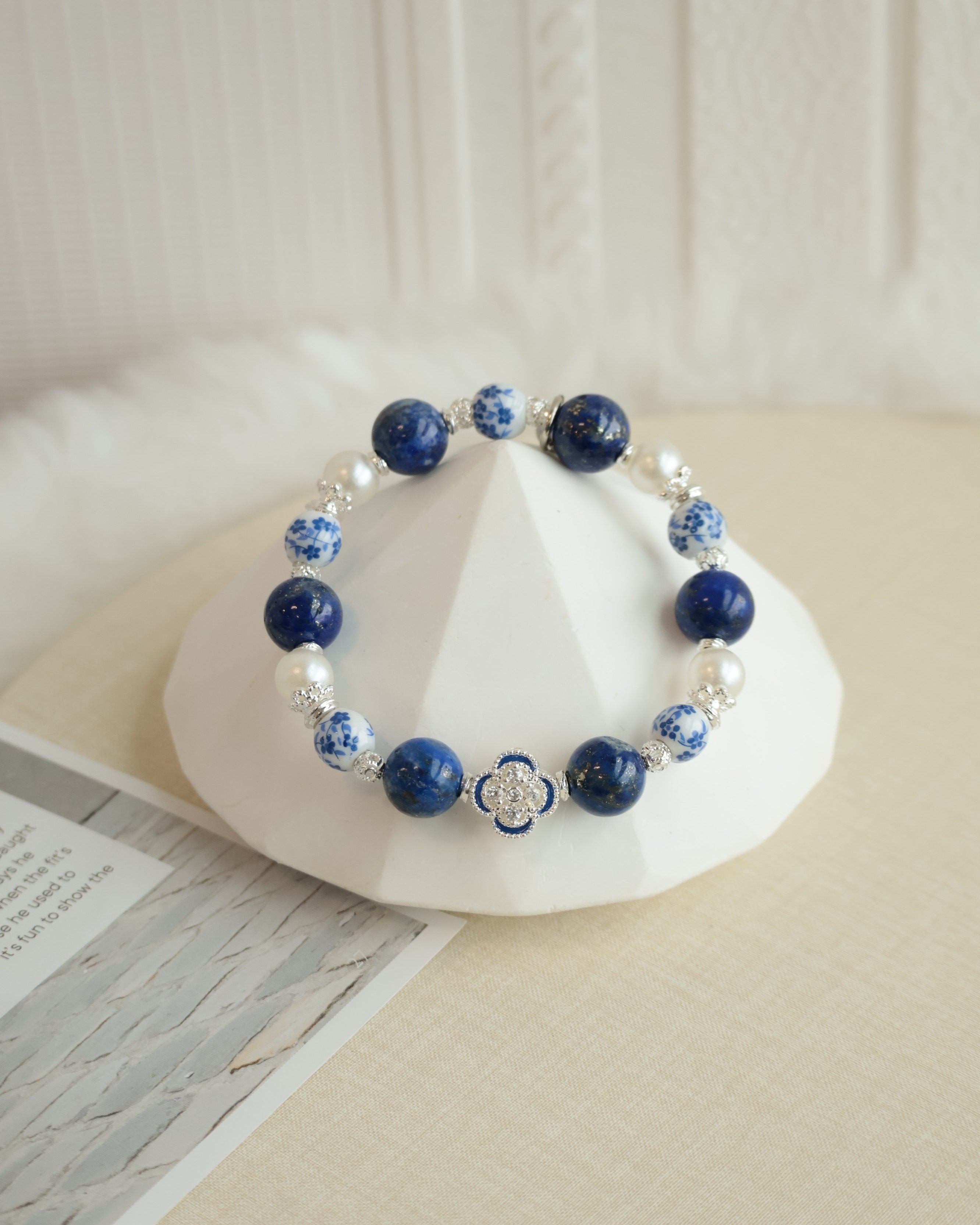*Luna&Lithoss* Chinese Porcelain Inspired - 10mm Lapis Lazuli (String Through Clover Charm)