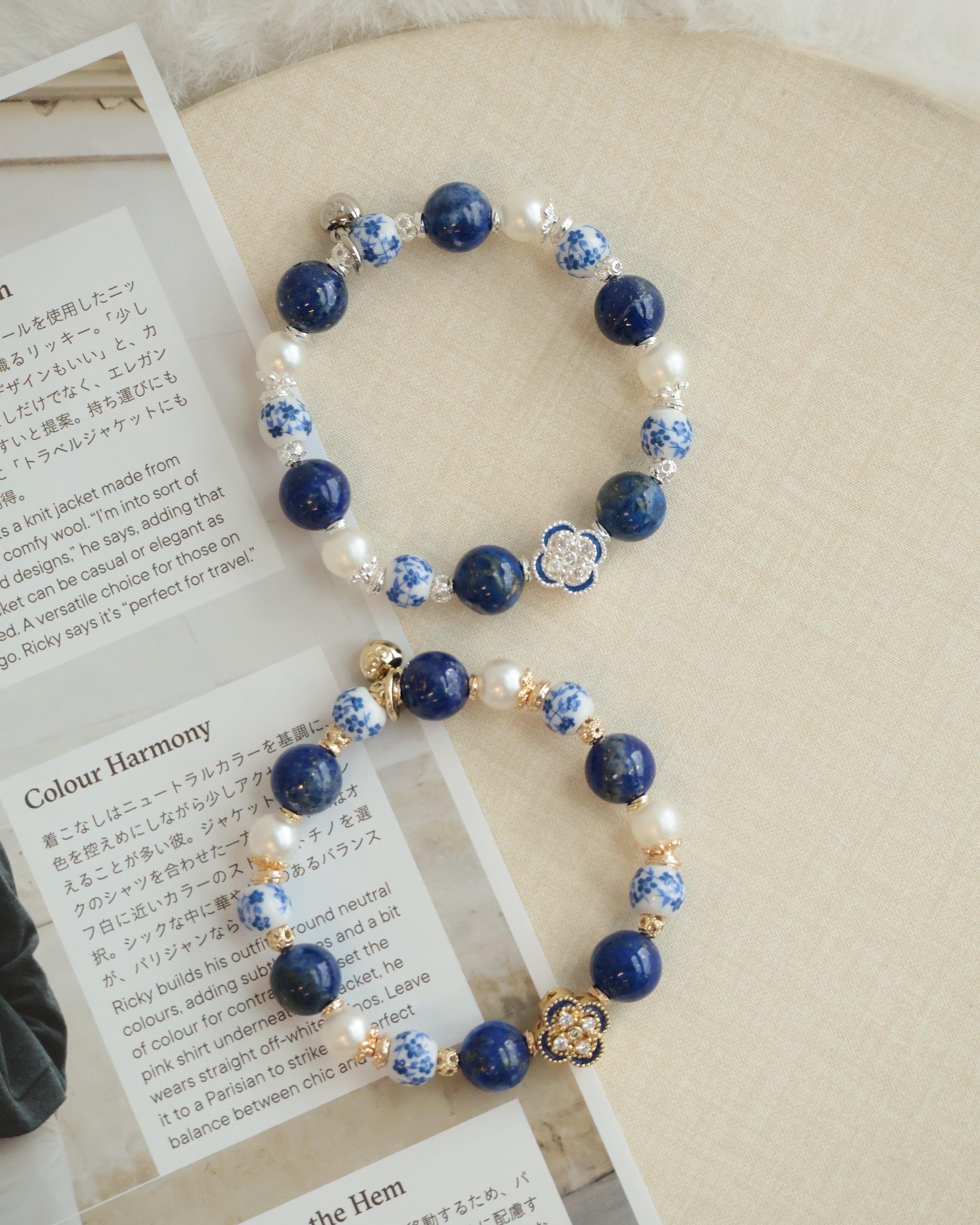 *Luna&Lithoss* Chinese Porcelain Inspired - 10mm Lapis Lazuli (String Through Clover Charm)