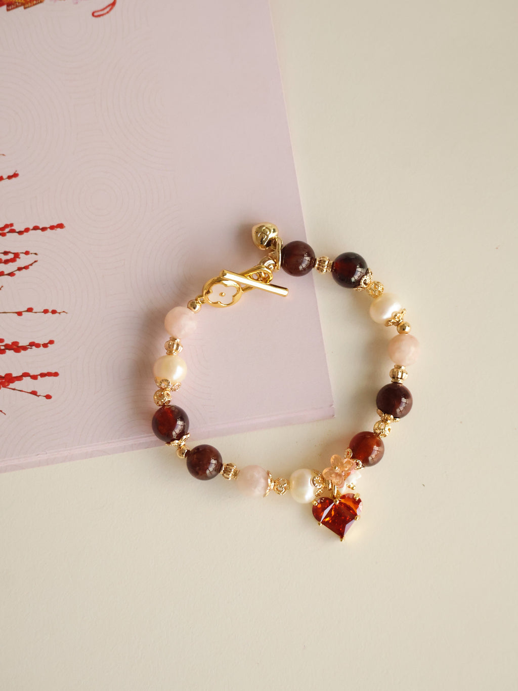 *Luna&Lithoss* Heart Shaker - 8mm Garnet, Fresh Water Pearl, Colourful Rabbit Hair with Heart Dangly Charm (Elastic)