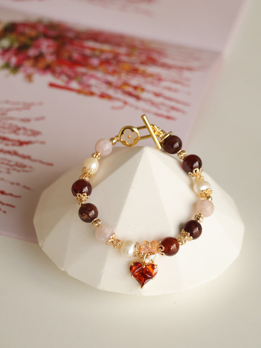 *Luna&Lithoss* Heart Shaker - 8mm Garnet, Fresh Water Pearl, Colourful Rabbit Hair with Heart Dangly Charm (Elastic)