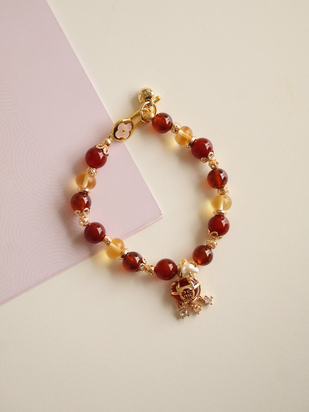 *Luna&Lithoss* Moni Pouch - 8mm Carnelian, Garnet, Citirine with ¾۱¦Åè Dangly Charm (Elastic)
