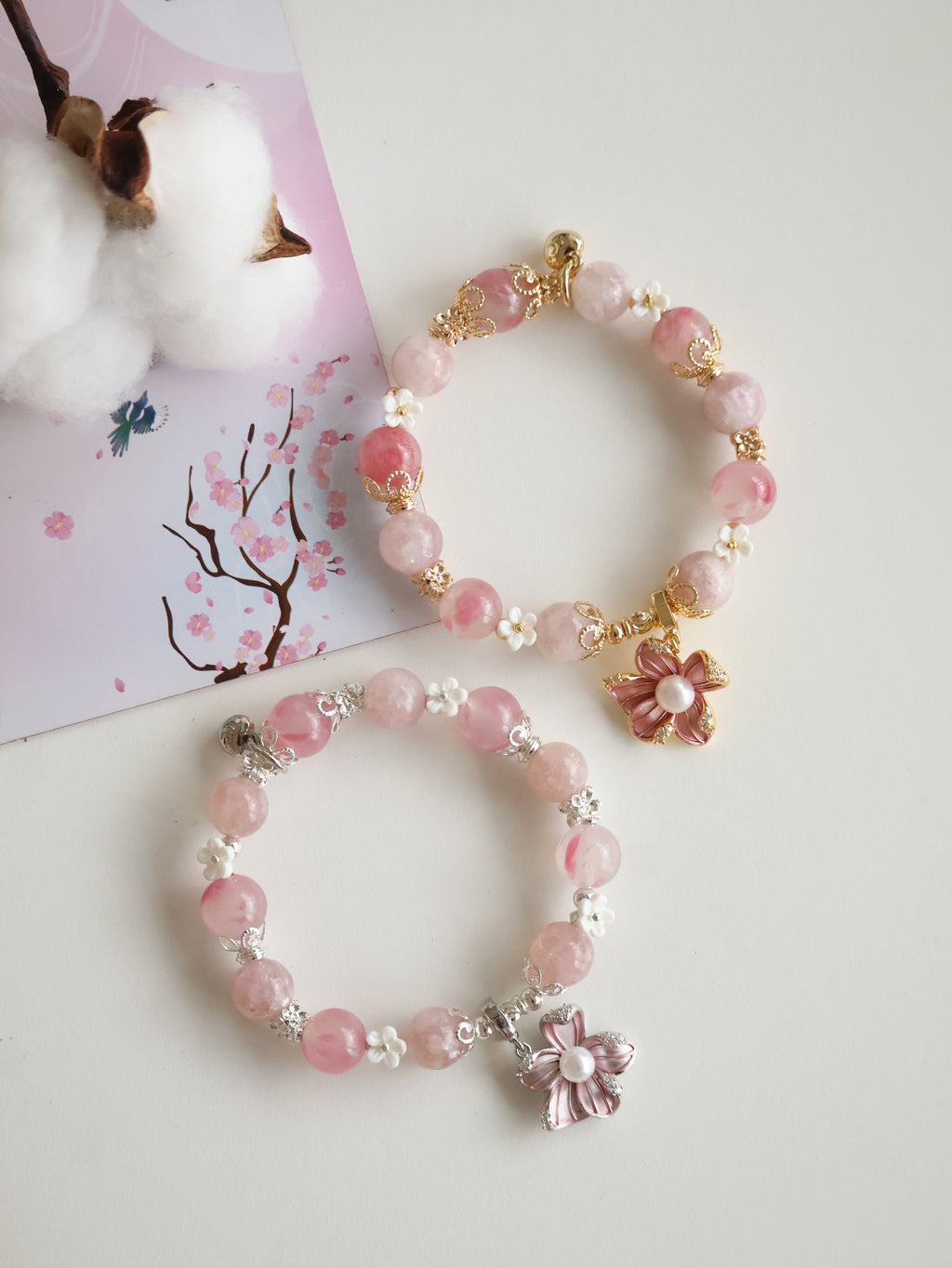 Purple Emerald Mica & Sakura Rhodonite with Freshwater Pearl Flower Charm ¡ª Everbloom | 10mm (Elastic)