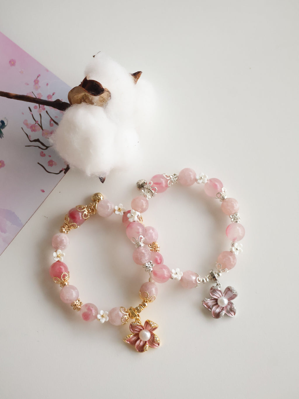 Purple Emerald Mica & Sakura Rhodonite with Freshwater Pearl Flower Charm ¡ª Everbloom | 10mm (Elastic)