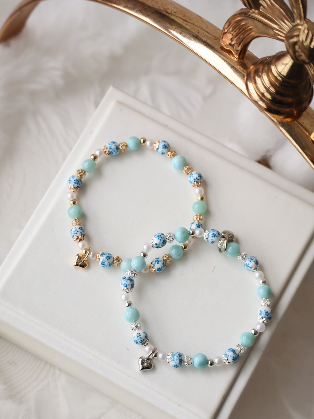 *Luna&Lithoss* Chinese Porcelain Inspired - 6mm Larimar with Heart Dangly