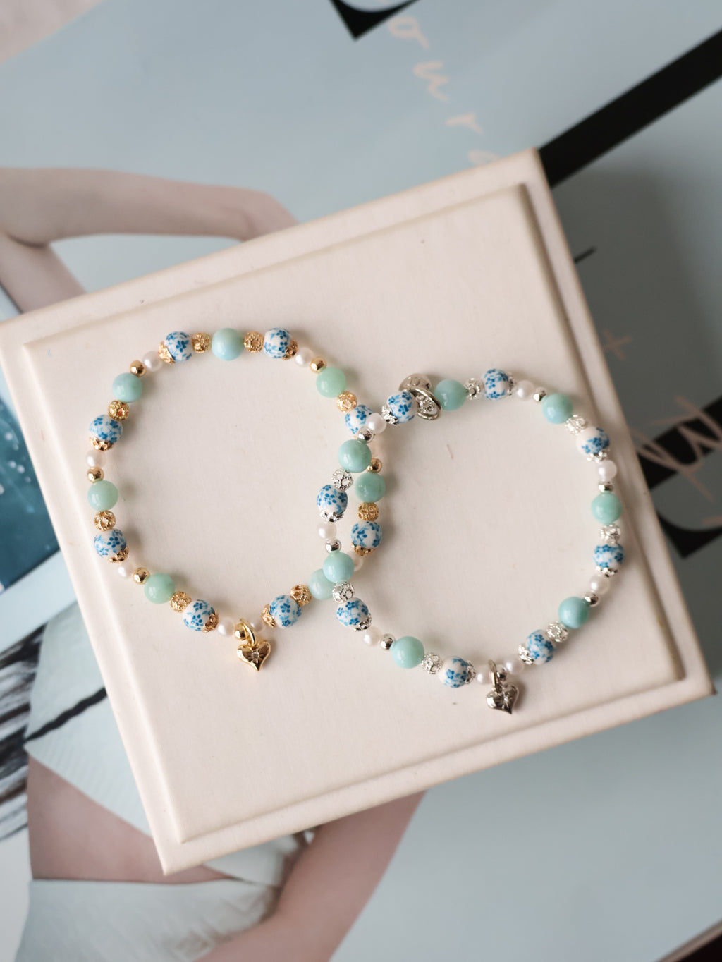 *Luna&Lithoss* Chinese Porcelain Inspired - 6mm Larimar with Heart Dangly