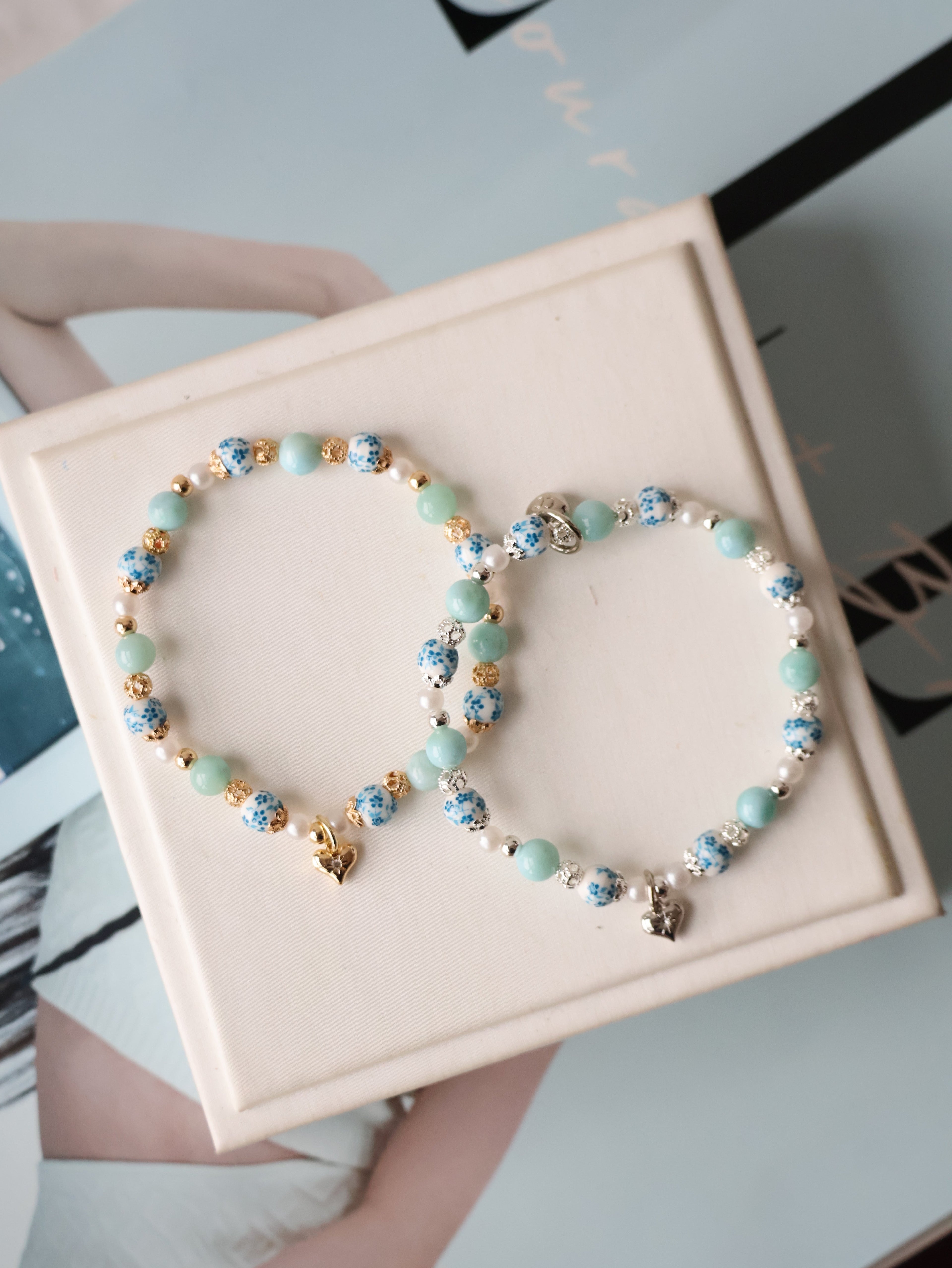 *Luna&Lithoss* Chinese Porcelain Inspired - 6mm Larimar with Heart Dangly