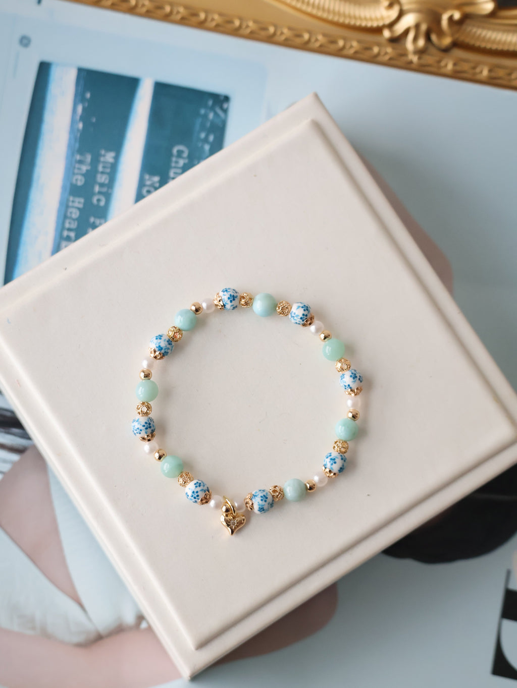 *Luna&Lithoss* Chinese Porcelain Inspired - 6mm Larimar with Heart Dangly