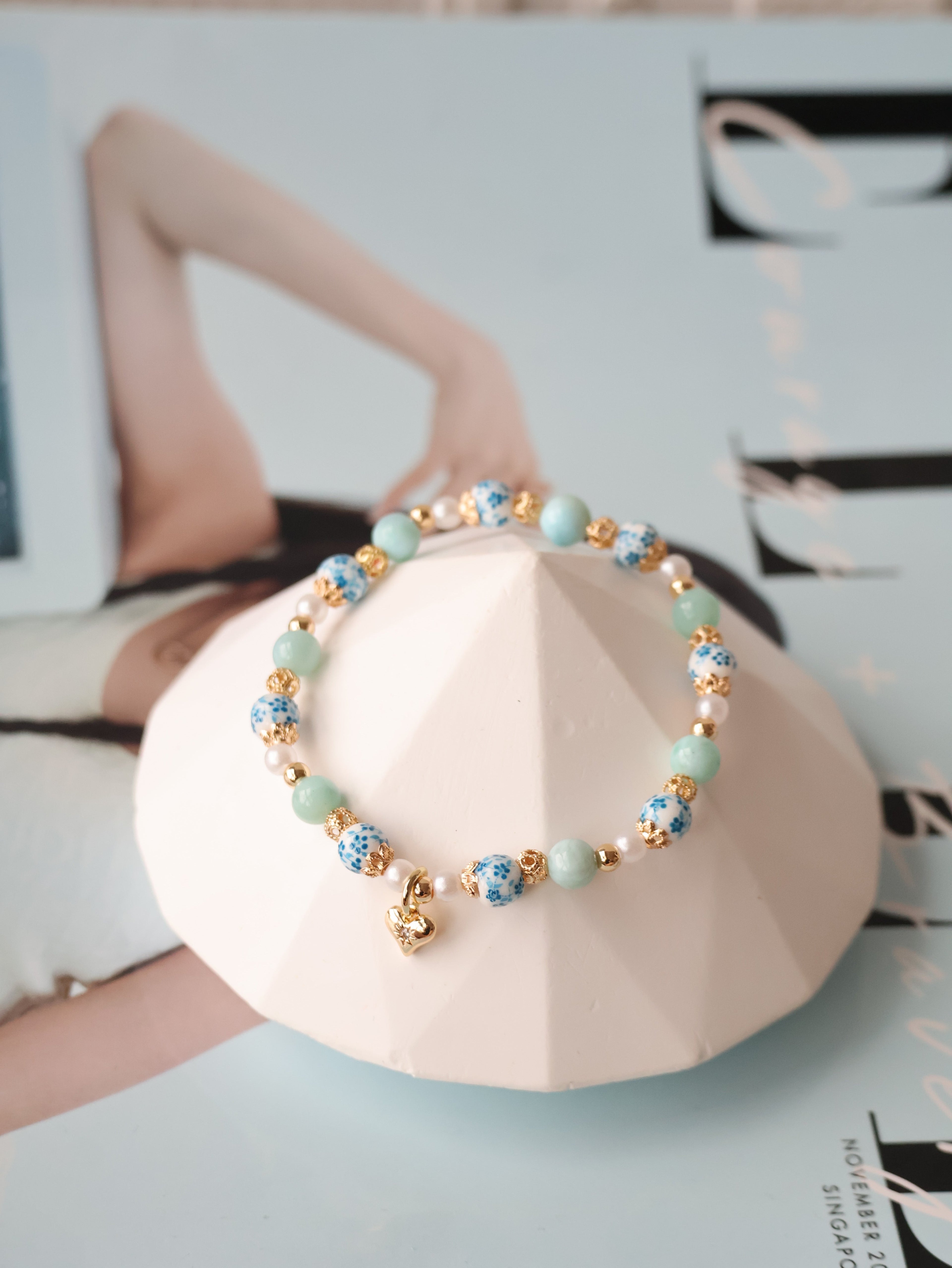 *Luna&Lithoss* Chinese Porcelain Inspired - 6mm Larimar with Heart Dangly
