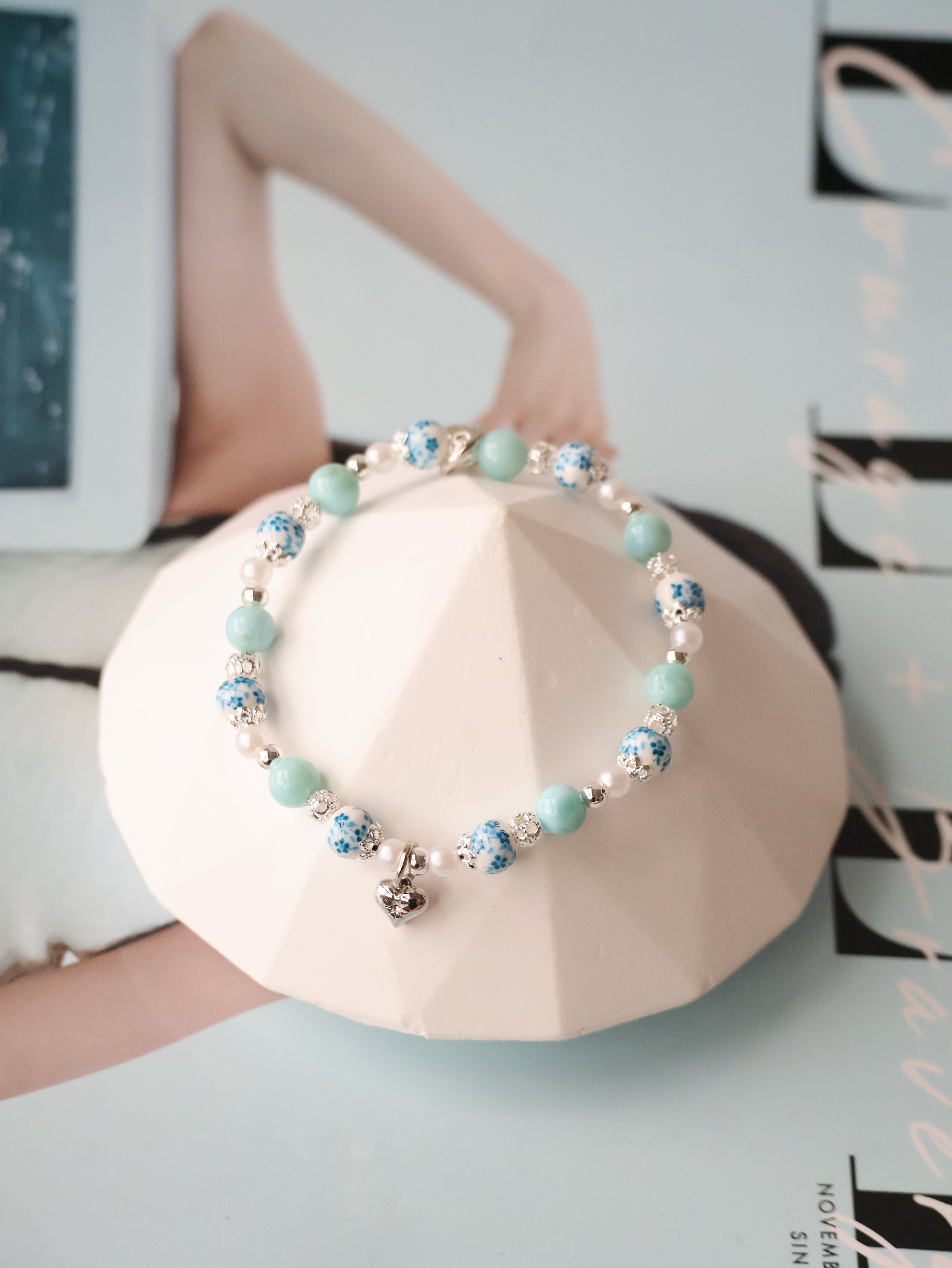 *Luna&Lithoss* Chinese Porcelain Inspired - 6mm Larimar with Heart Dangly