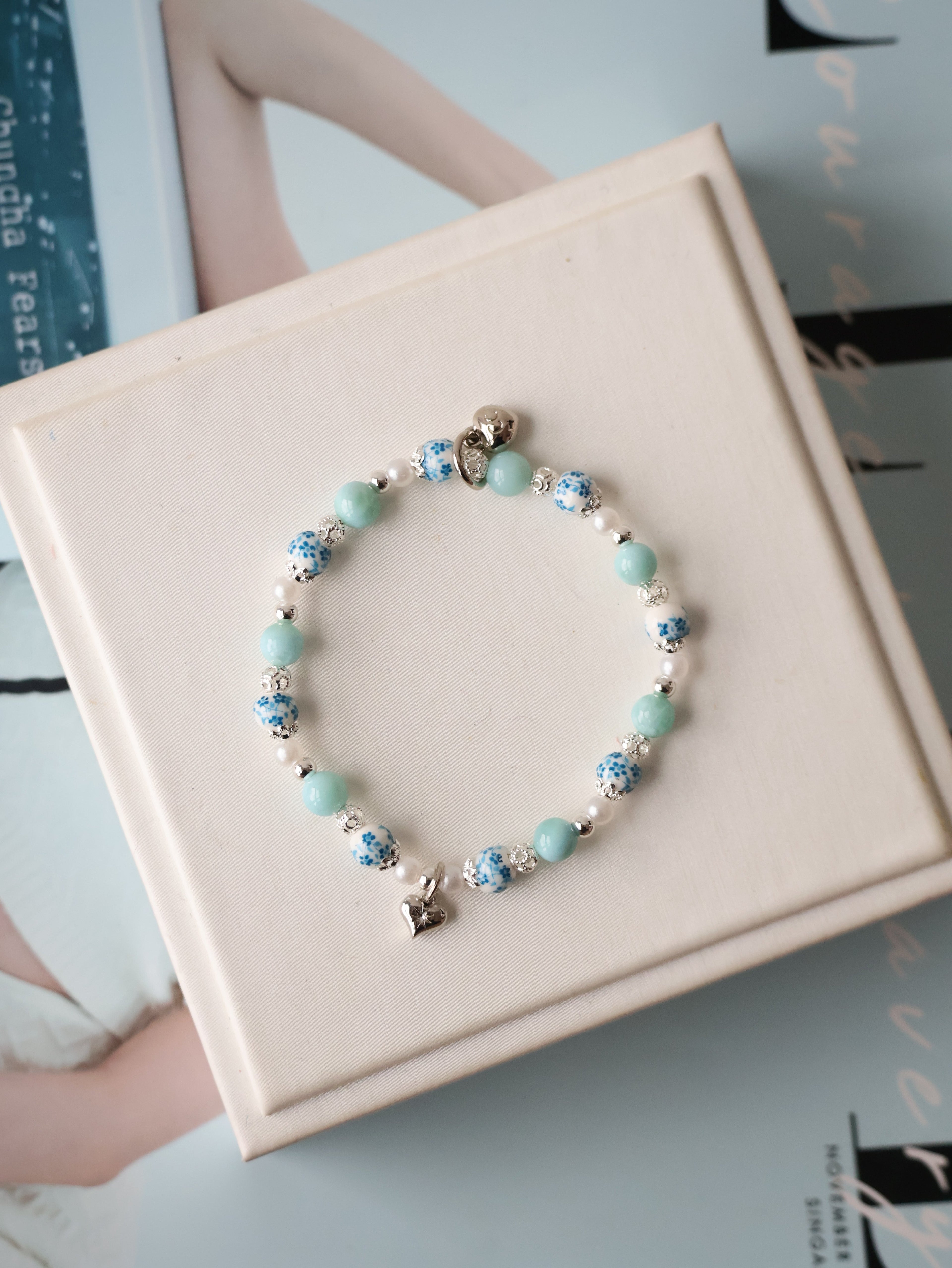 *Luna&Lithoss* Chinese Porcelain Inspired - 6mm Larimar with Heart Dangly
