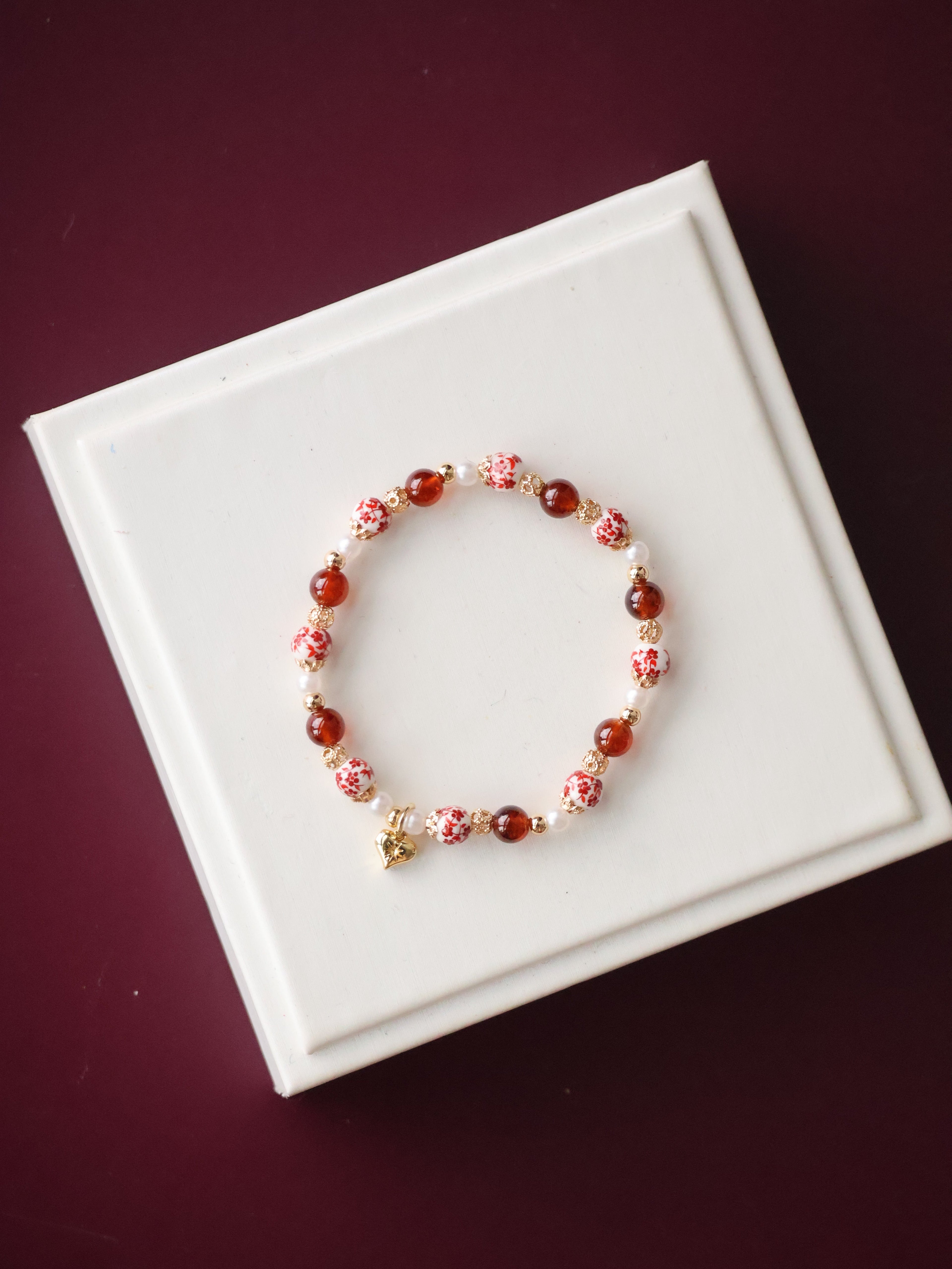 *Luna&Lithoss* Chinese Porcelain Inspired - 6mm Garnet with Heart Dangly