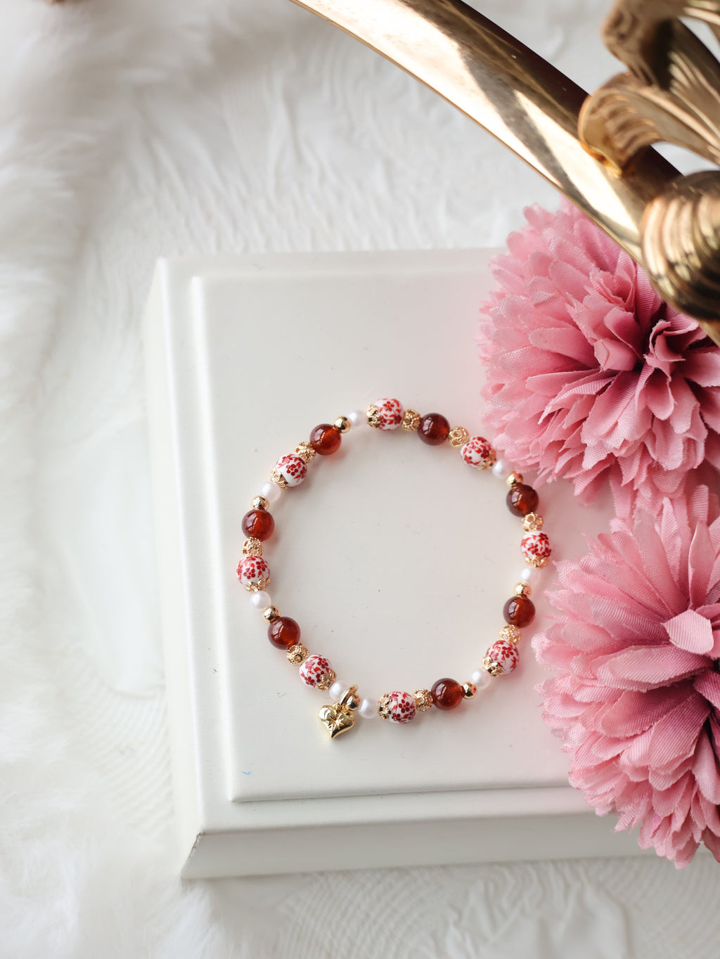 *Luna&Lithoss* Chinese Porcelain Inspired - 6mm Garnet with Heart Dangly