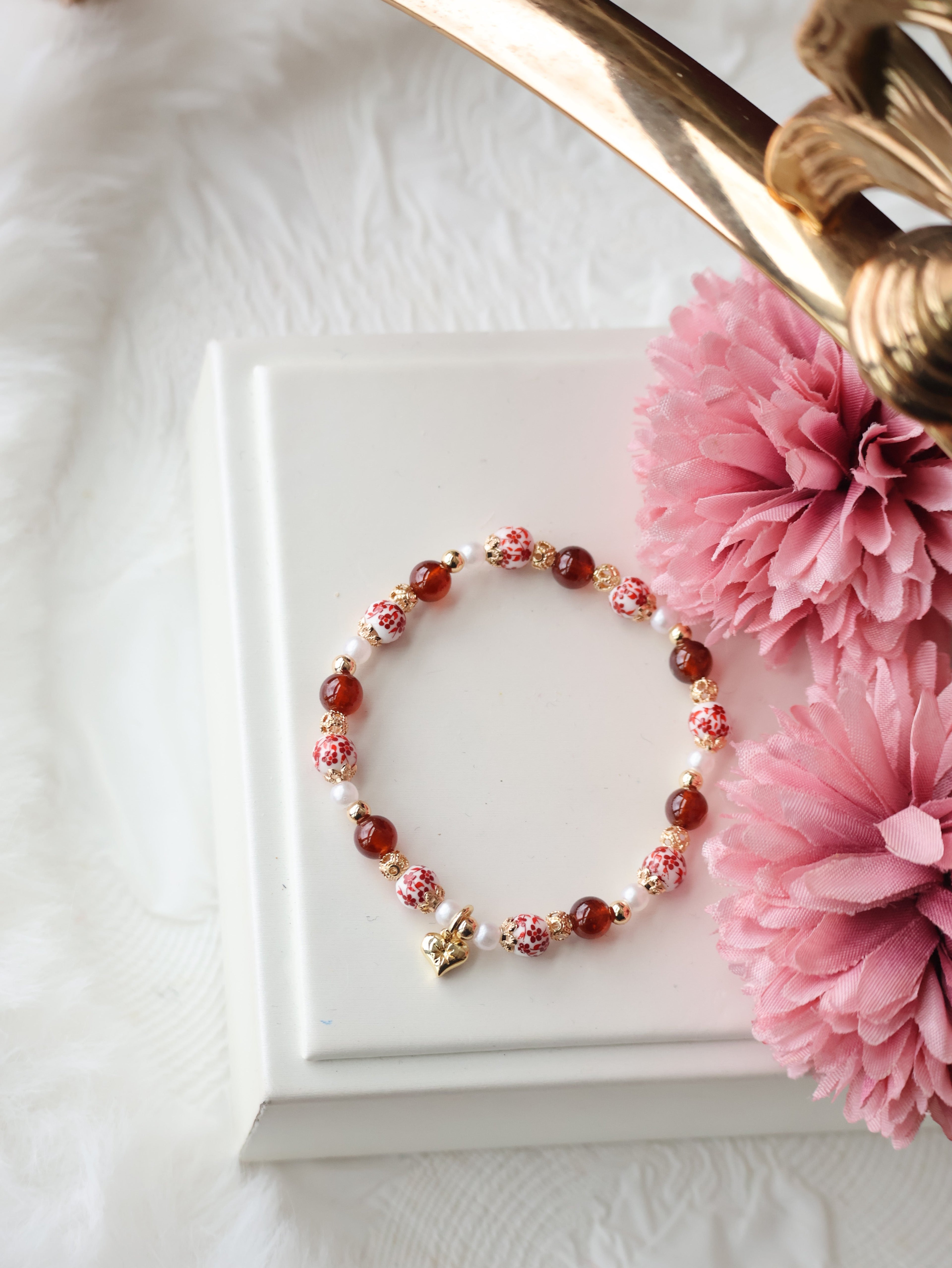 *Luna&Lithoss* Chinese Porcelain Inspired - 6mm Garnet with Heart Dangly