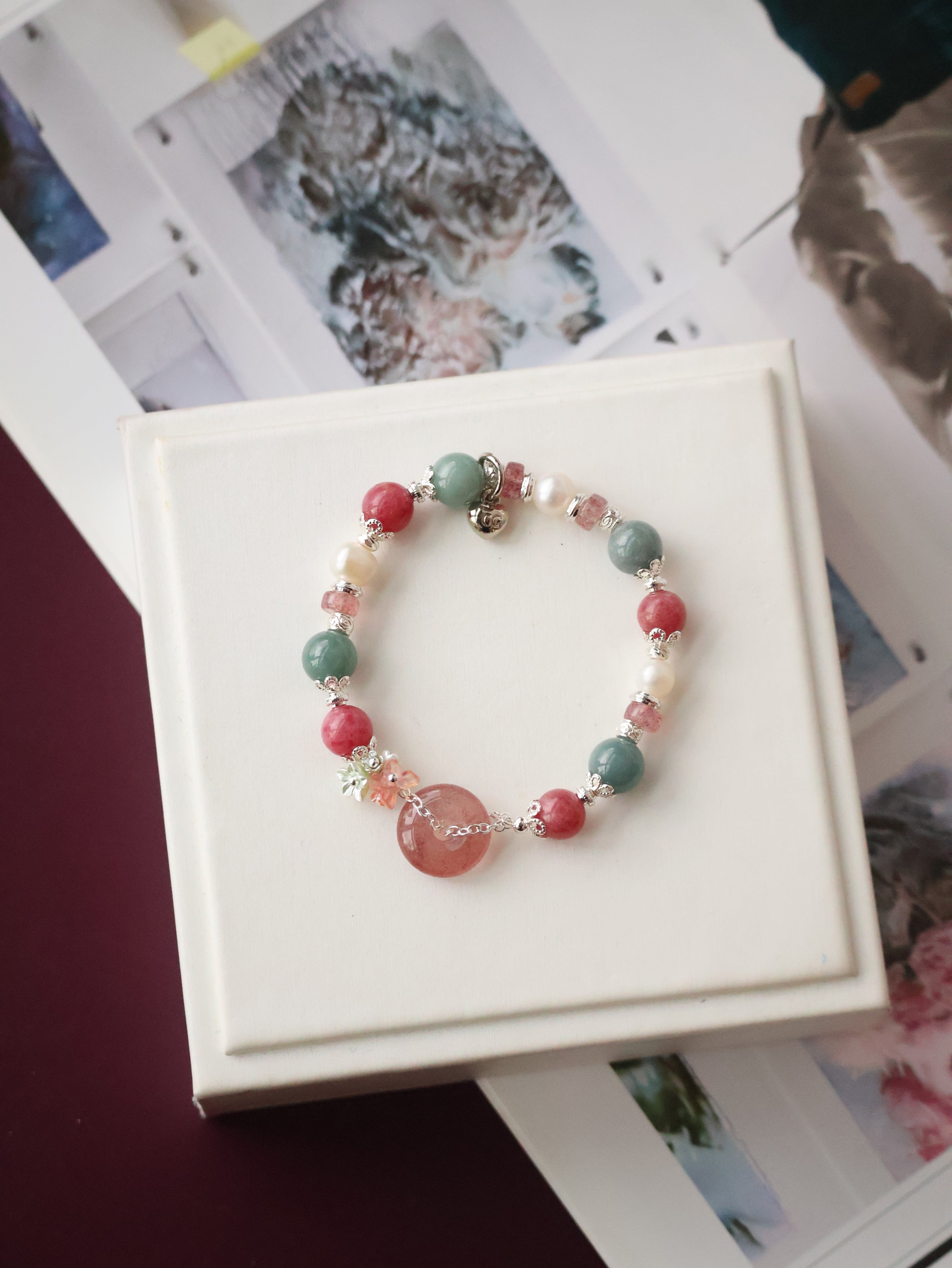 Blue Water Jadeite, Rhodonite, Fresh Water Pearl, Strawberry Quartz Ping An Kou ¡ª Mia | 6mm (Elastic)