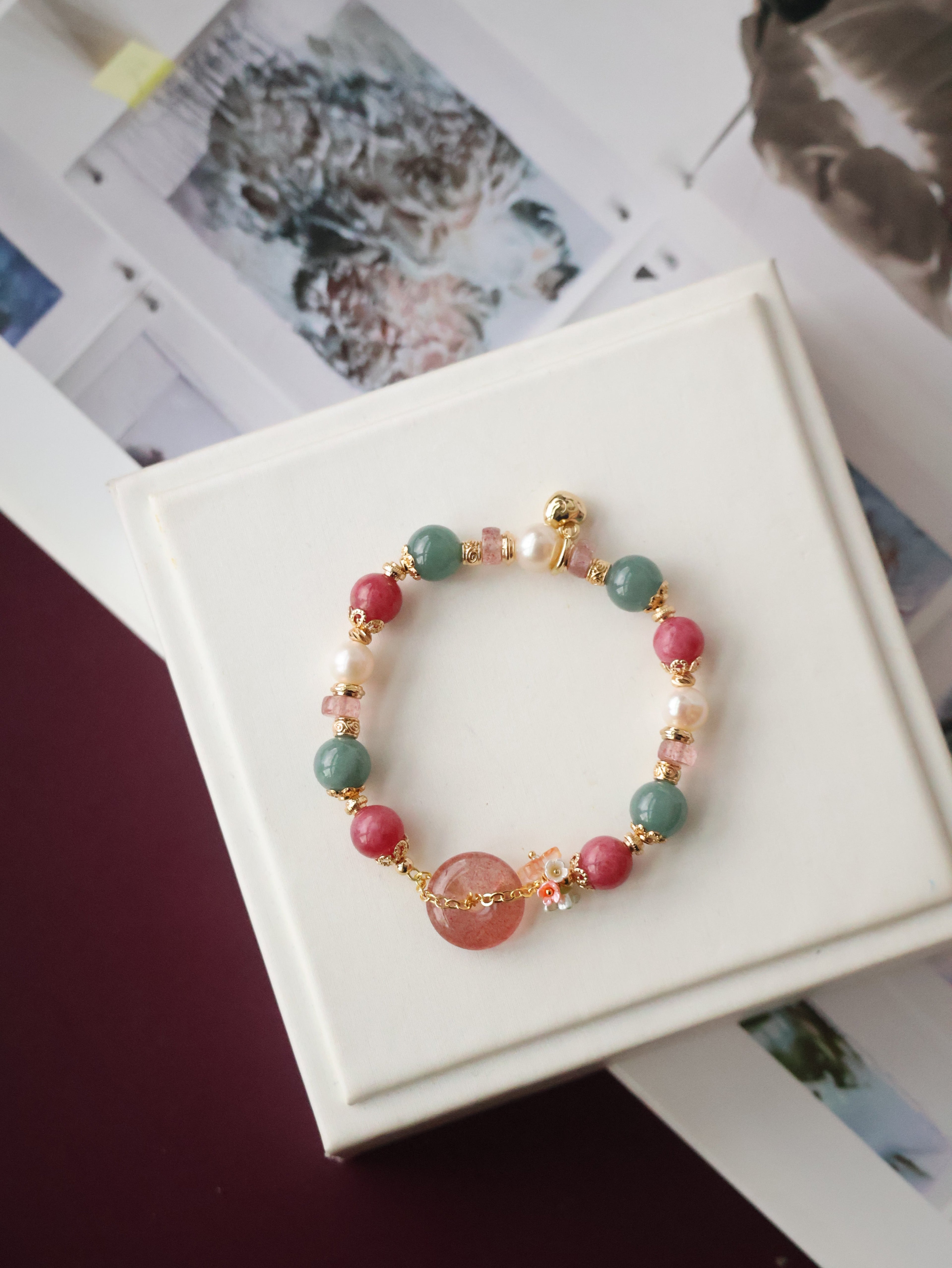 Blue Water Jadeite, Rhodonite, Fresh Water Pearl, Strawberry Quartz Ping An Kou ¡ª Mia | 6mm (Elastic)